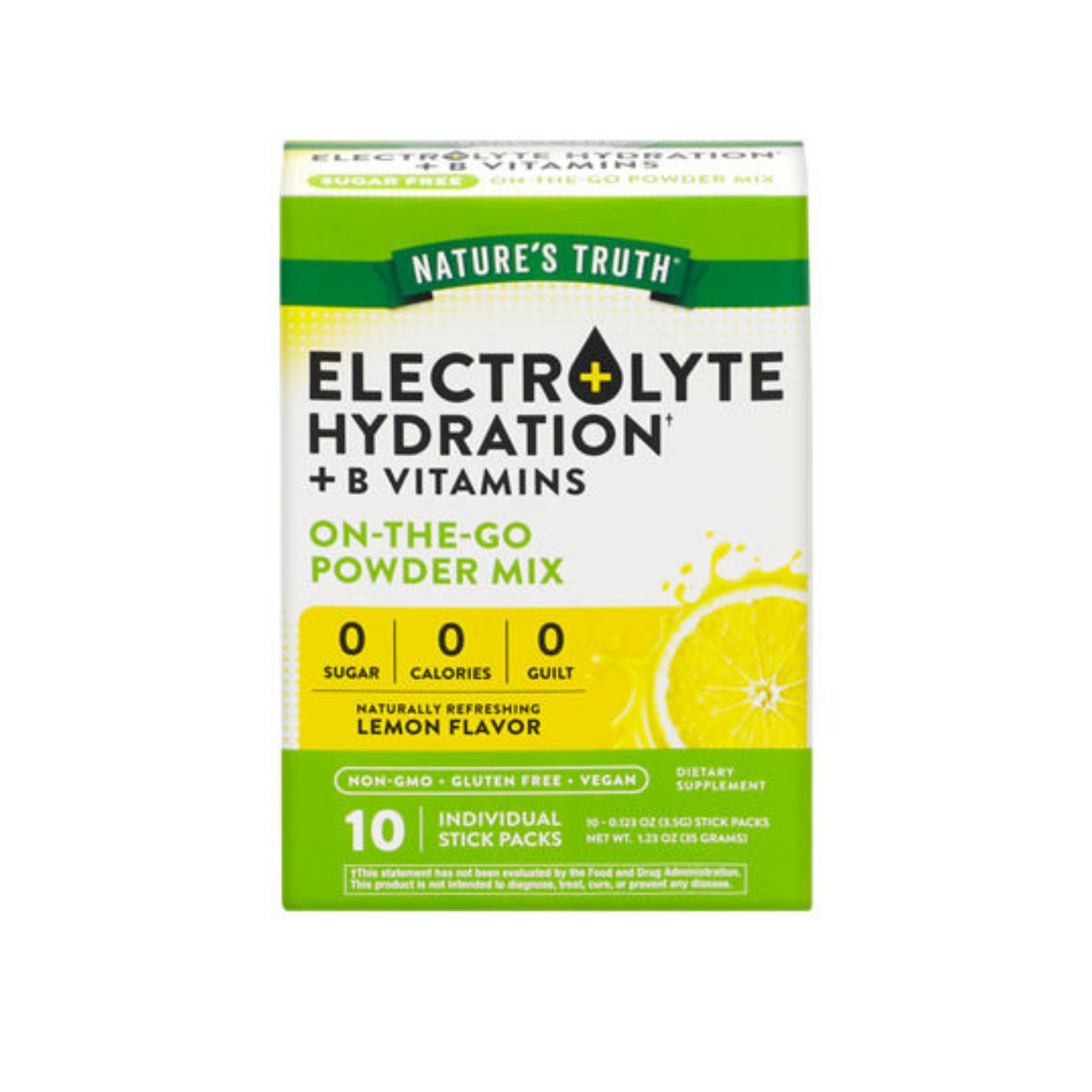 Nature's Truth Electrolyte Hydration + B Vitamins, On-The-Go Powder Mix, Lemon, 10 Individual Stick Packs 0.123 Oz (3.5 G) Each