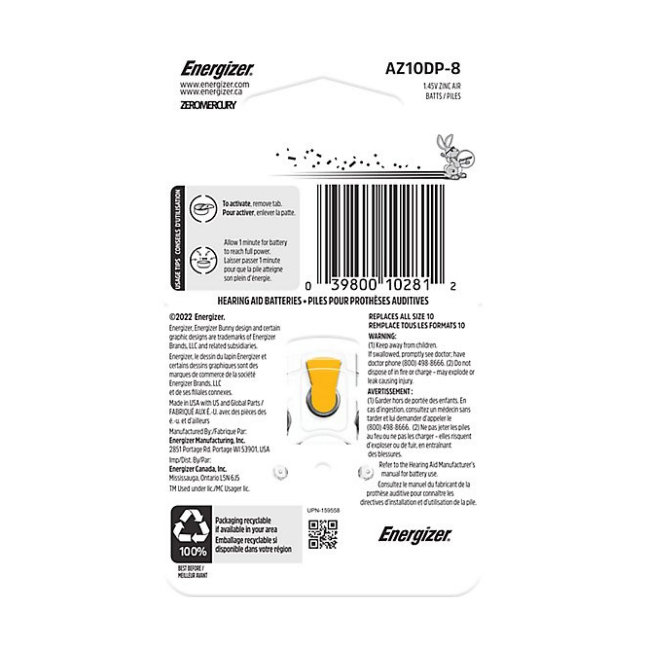 Energizer Hearing Aid Batteries Size 10, Yellow Tab