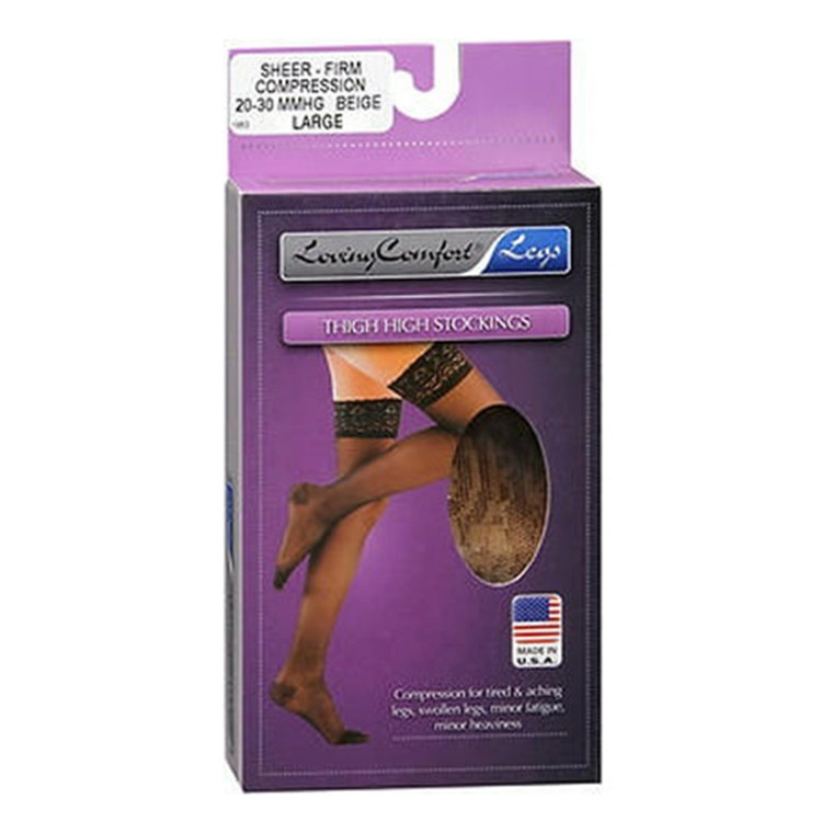 Loving Comfort Legs Thigh High Stockings Firm Compression Beige Size Large - 1 Pair