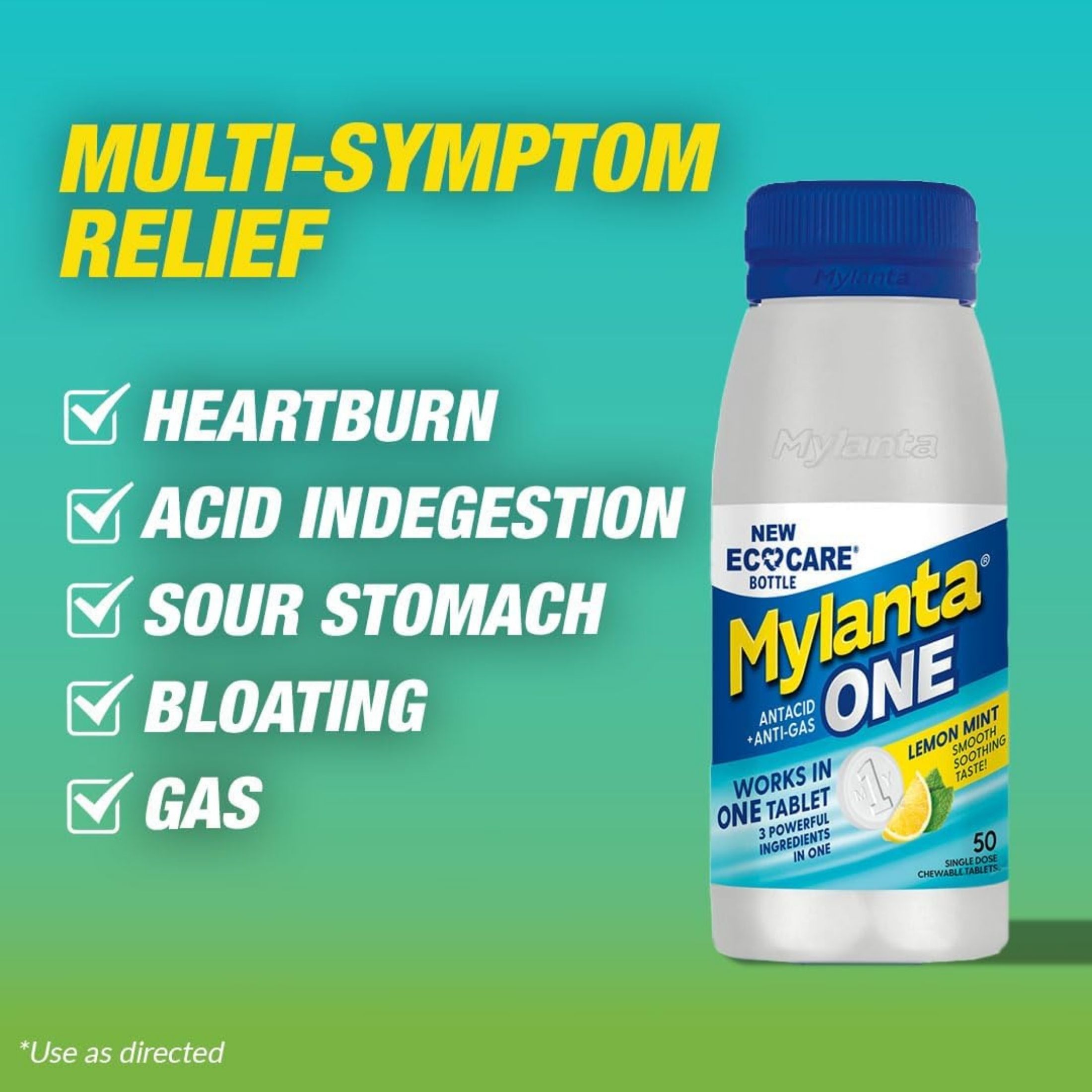 Mylanta Antacid+Anti Gas, Tablets, Lemon Mint