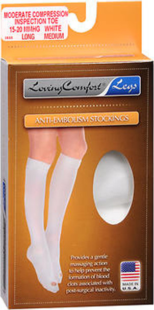 Loving Comfort Anti-Embolism Stockings Moderate Compression Open Toe White Medium Long -1 Pair