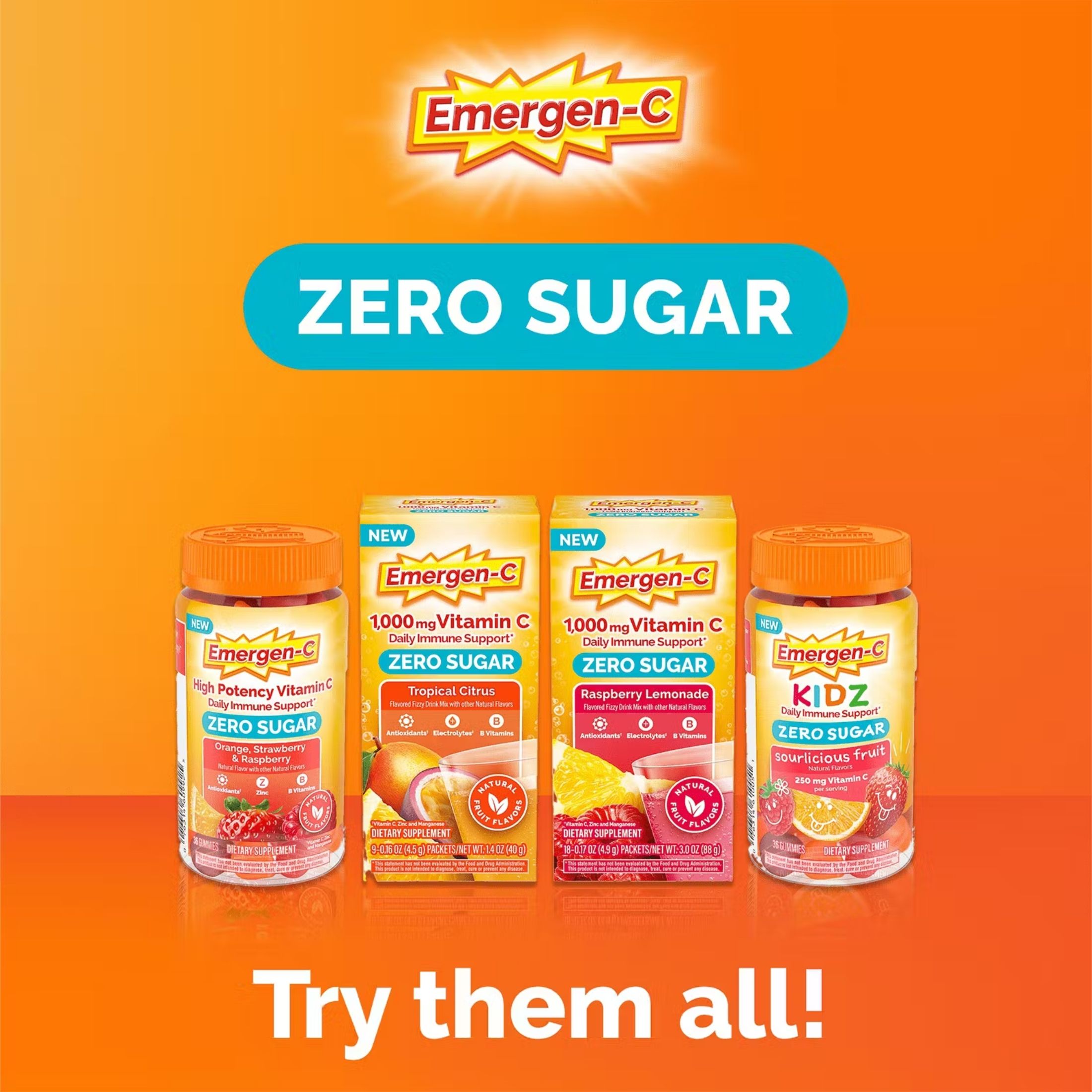Emergen-C Vitamin Zero Sugar, 1000 Mg, Tropical Citrus