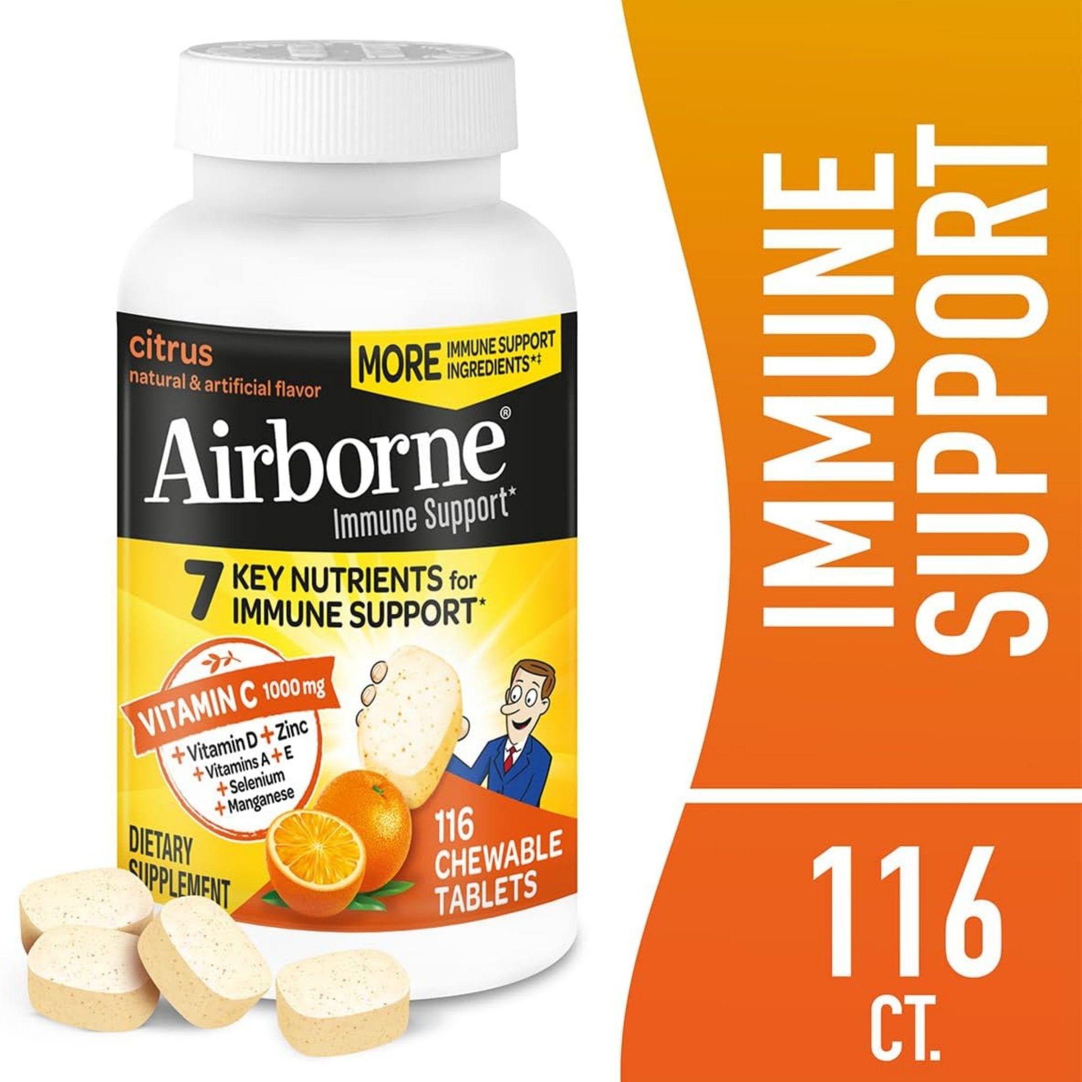Airborne Immune Support Supplement Vitamin C Citrus Chewable Tablets