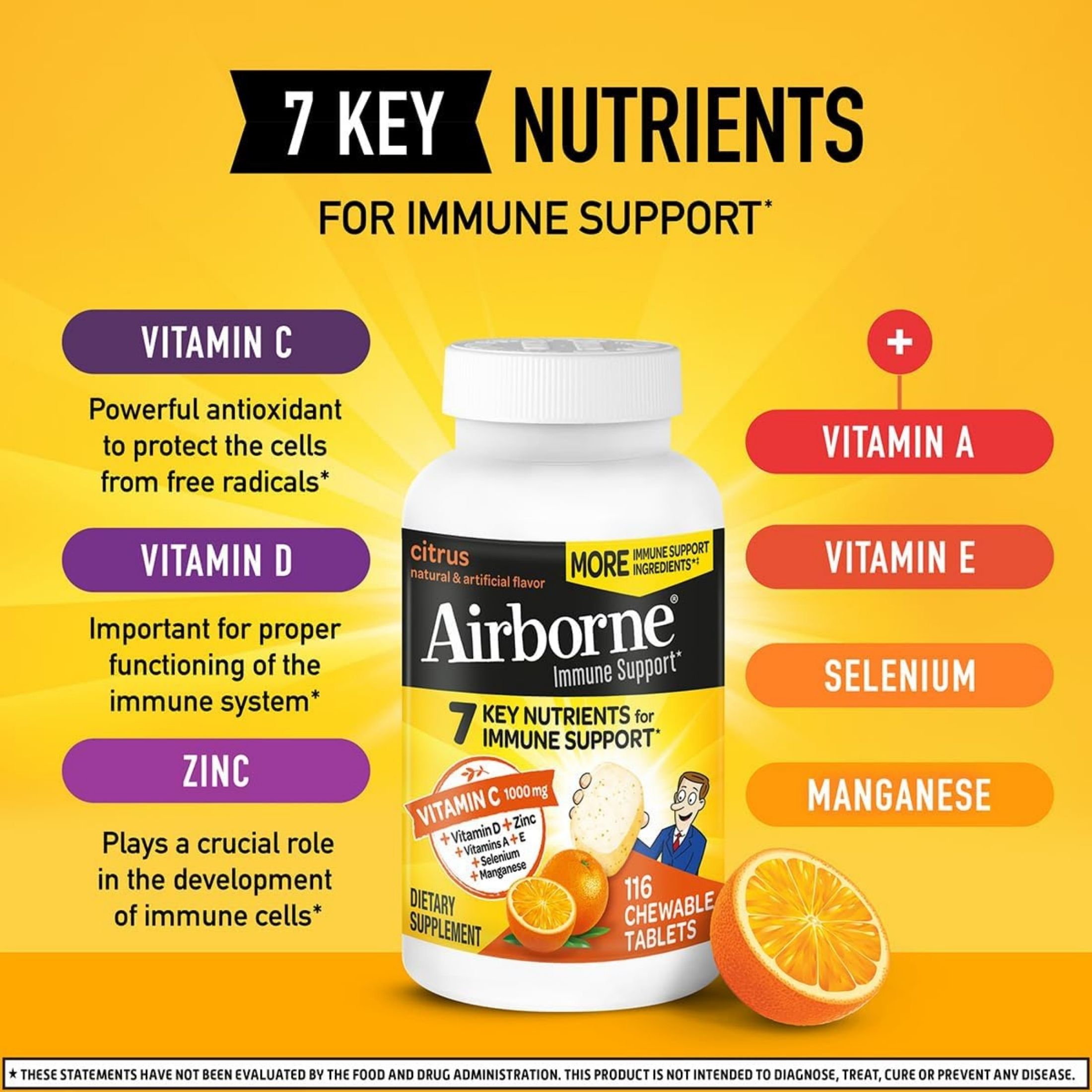 Airborne Immune Support Supplement Vitamin C Citrus Chewable Tablets