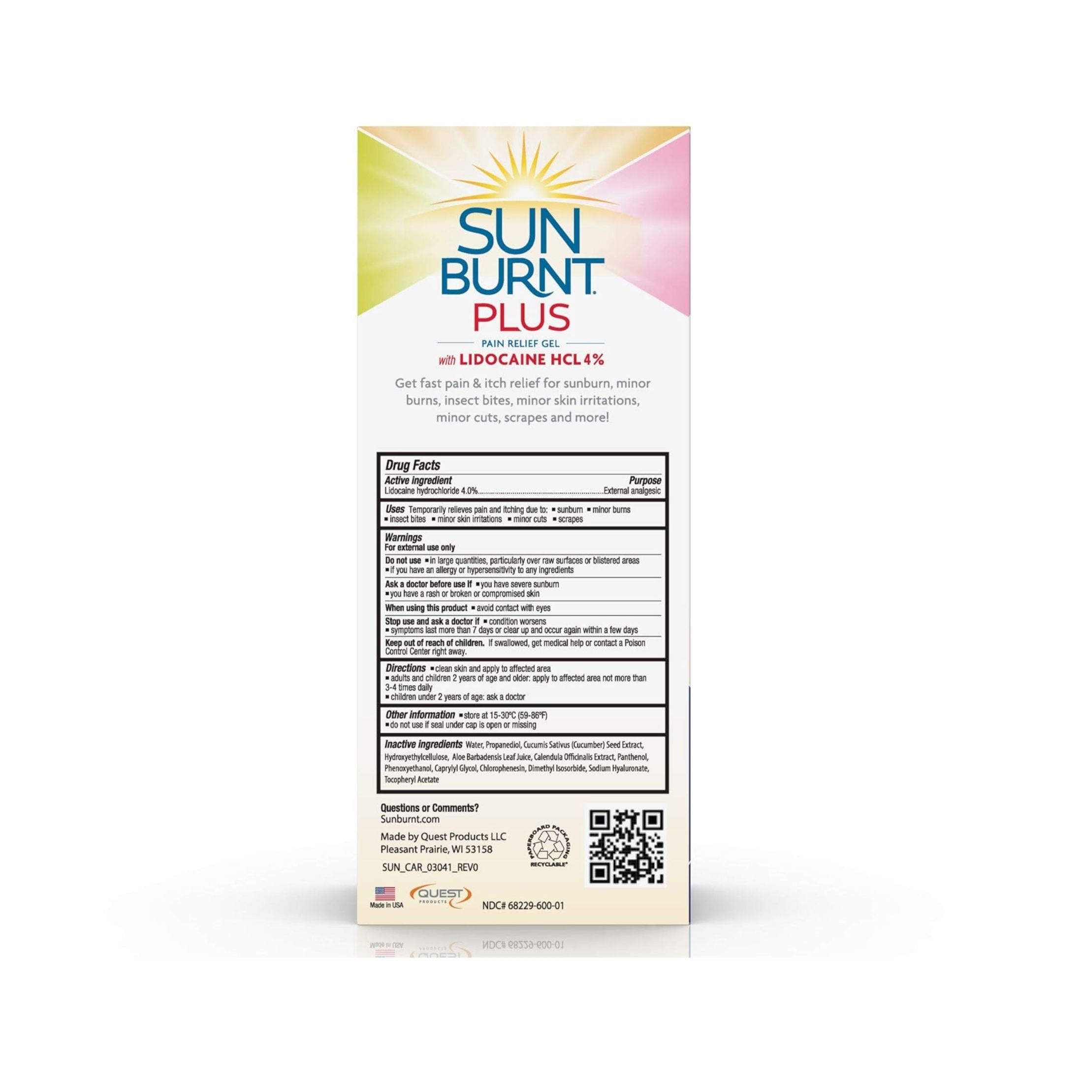 SunBurnt Plus Pain Relief Gel With Lidocaine HCL 4% 4 Oz