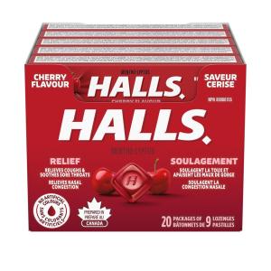 Halls 62476 Cherry Flavor Menthol Cough Drops, 9 Piece