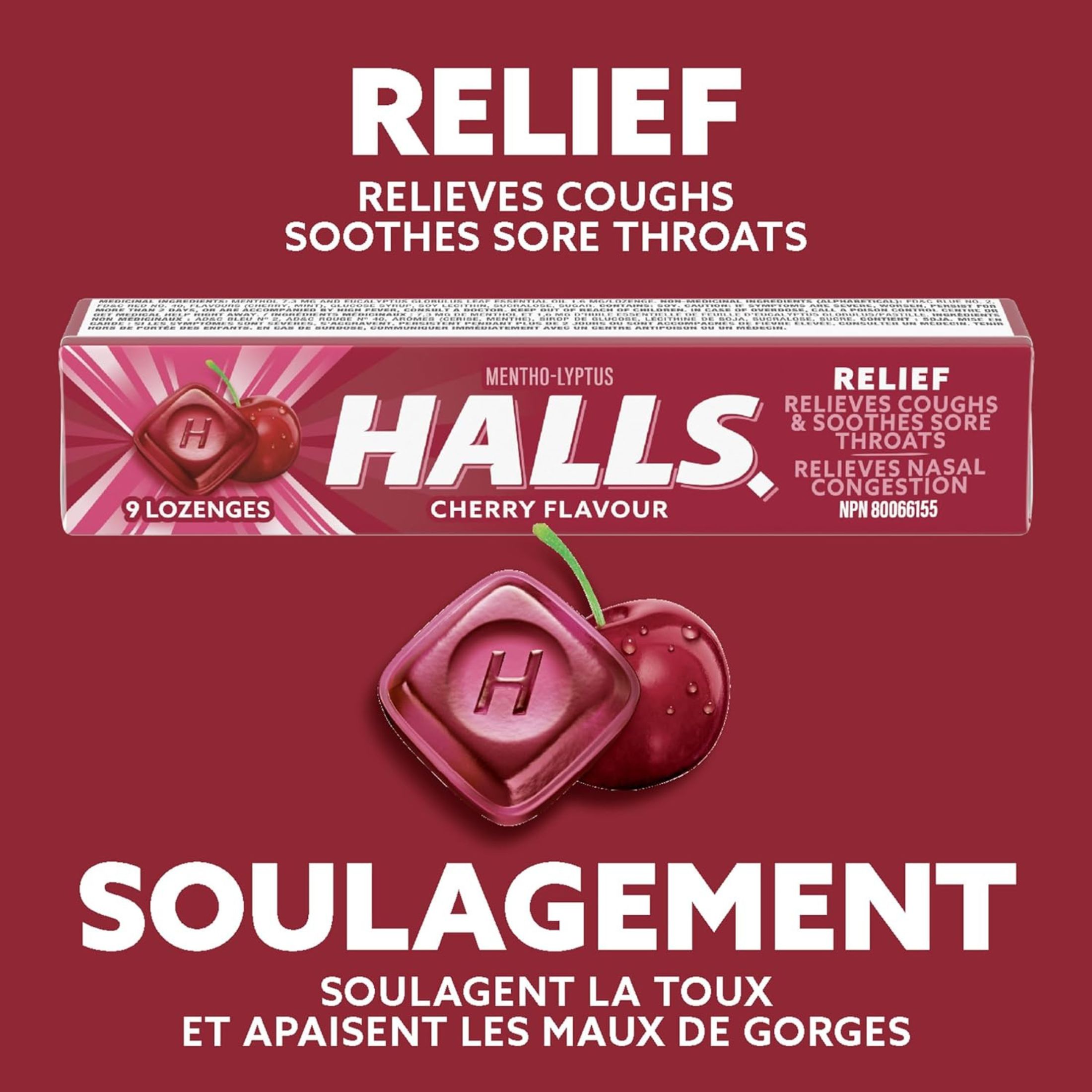 Halls 62476 Cherry Flavor Menthol Cough Drops, 9 Piece