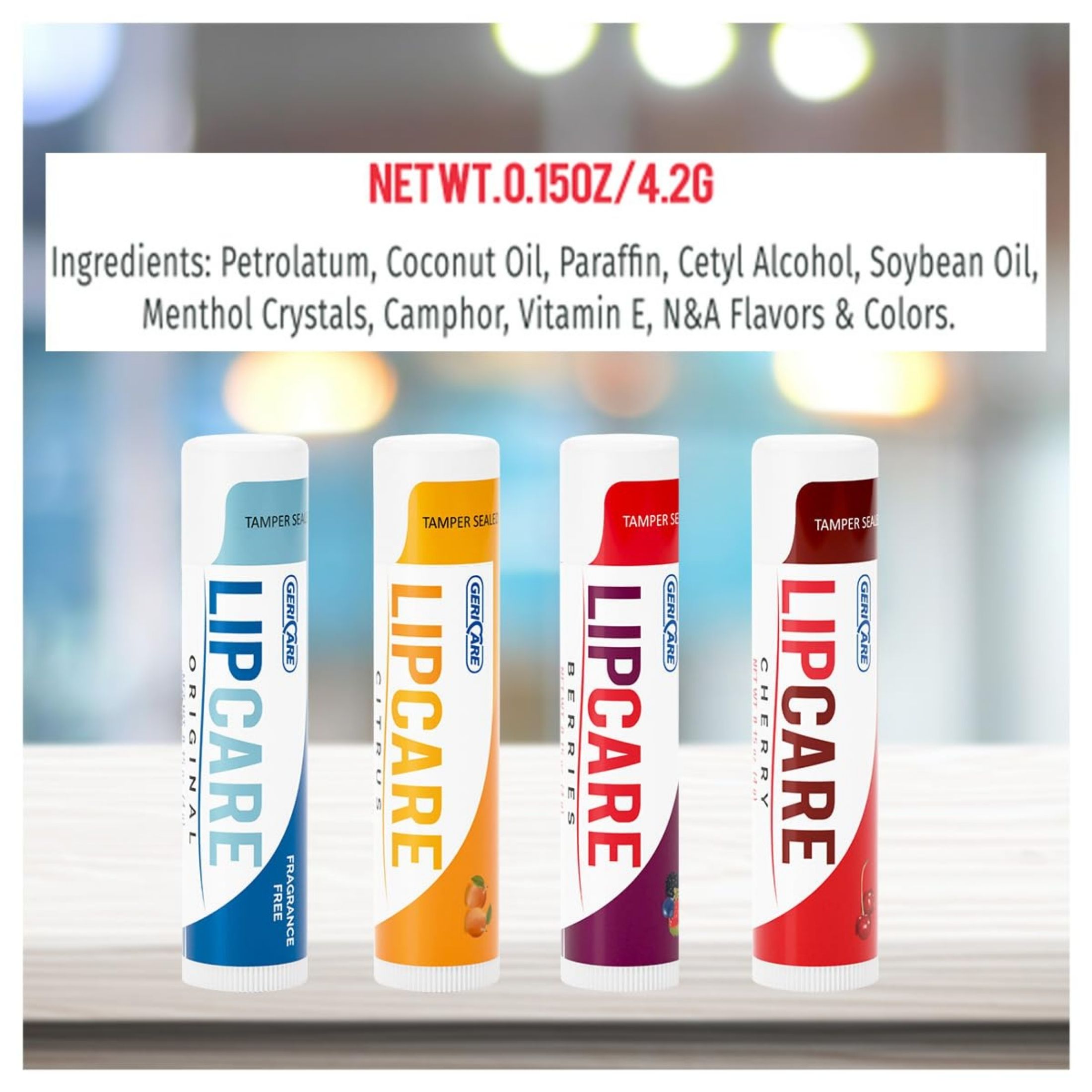 GeriCare Lip Balms – Hydrating And Nourishing Lip Moisturizers For Dry, Cracked Lips – Long-Lasting, Travel-Friendly Lip Set Of 4 (Original, Citrus, Berries, And Cherry) 4.2 G Each