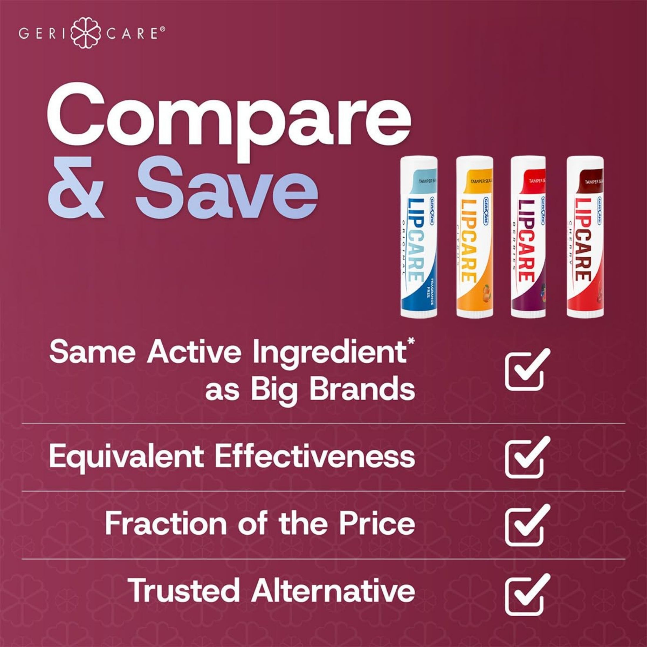 GeriCare Lip Balms – Hydrating And Nourishing Lip Moisturizers For Dry, Cracked Lips – Long-Lasting, Travel-Friendly Lip Set Of 4 (Original, Citrus, Berries, And Cherry) 4.2 G Each