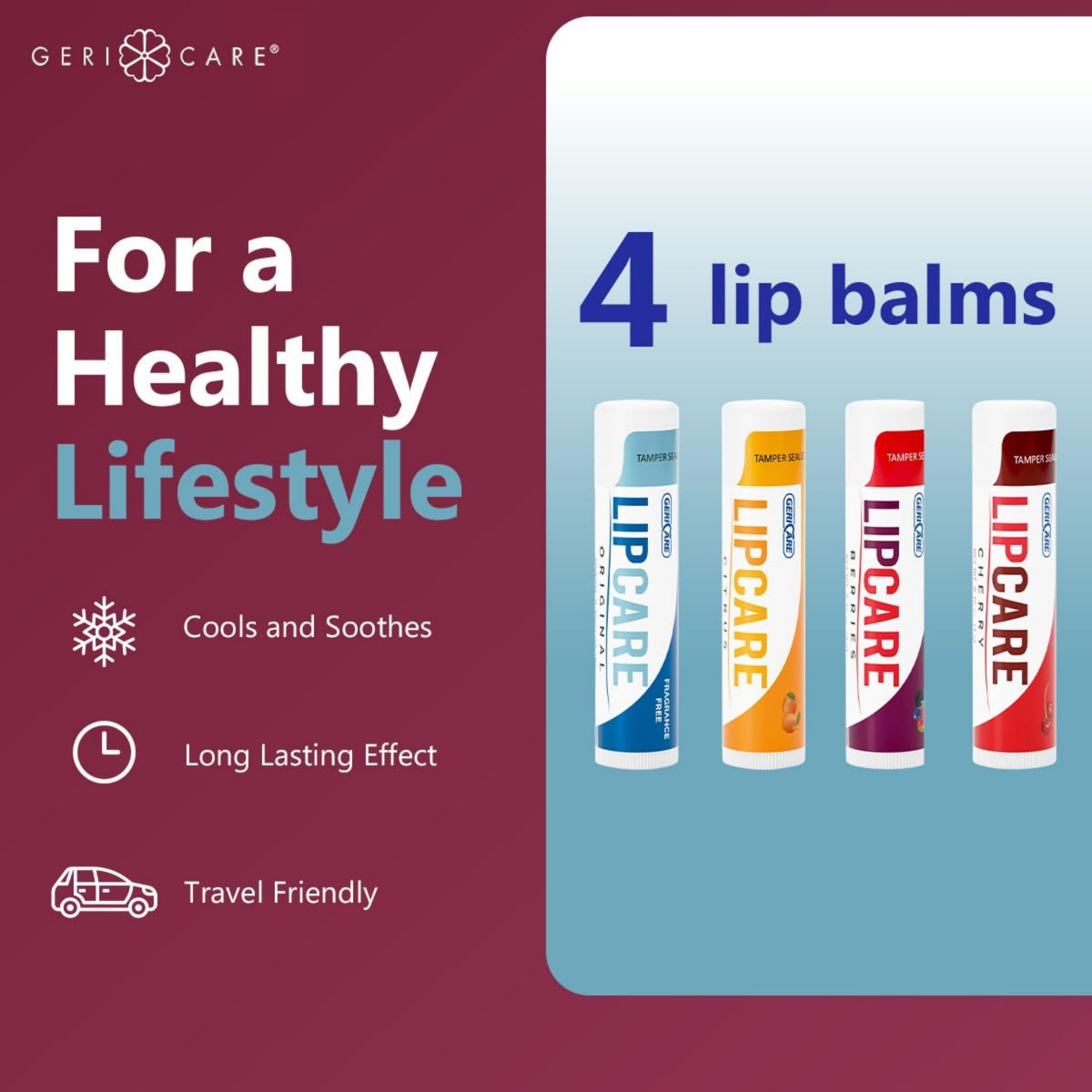 GeriCare Lip Balms – Hydrating And Nourishing Lip Moisturizers For Dry, Cracked Lips – Long-Lasting, Travel-Friendly Lip Set Of 4 (Original, Citrus, Berries, And Cherry) 4.2 G Each