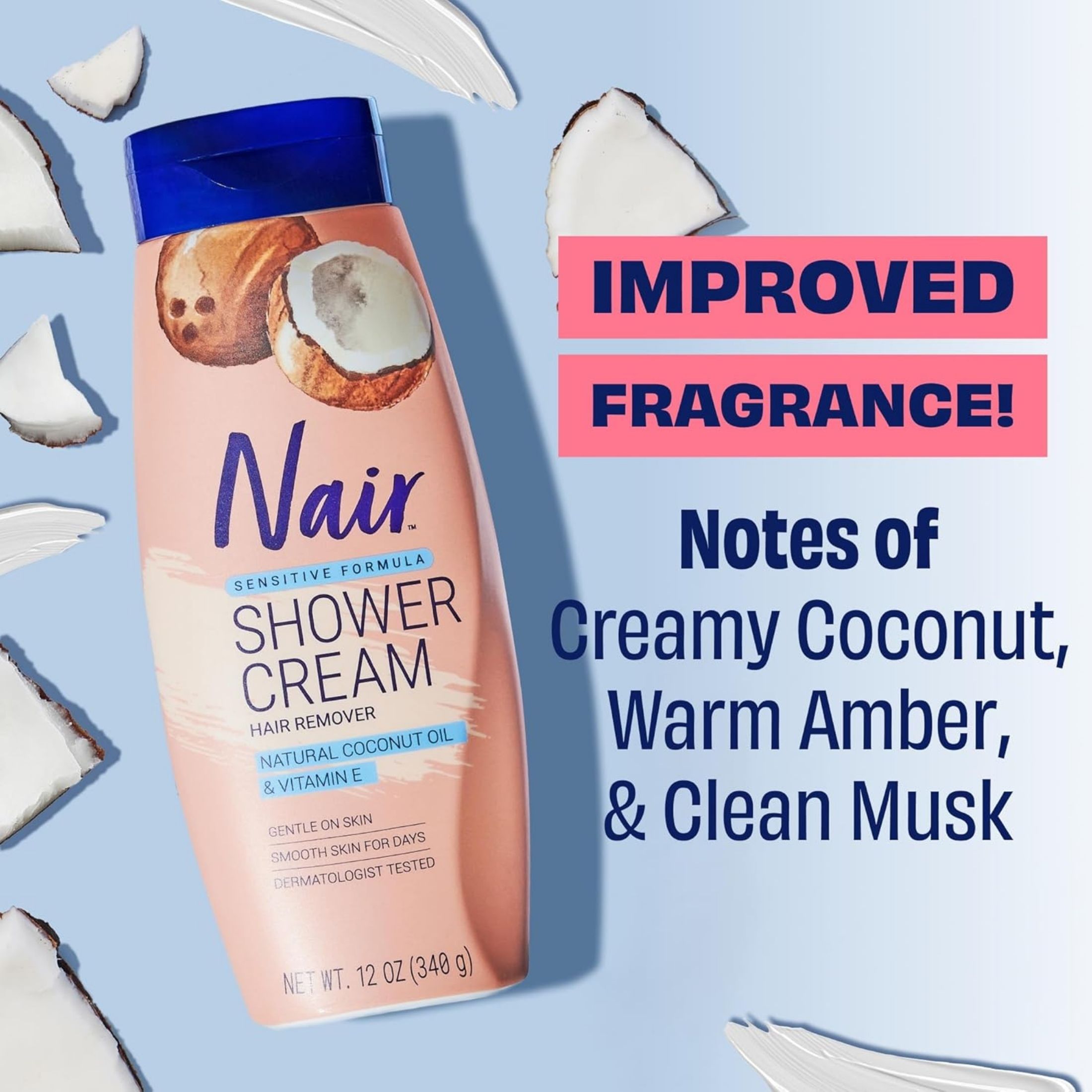 Nair Hair Remover, Natural Coconut Oil & Vitamin E, Shower Cream