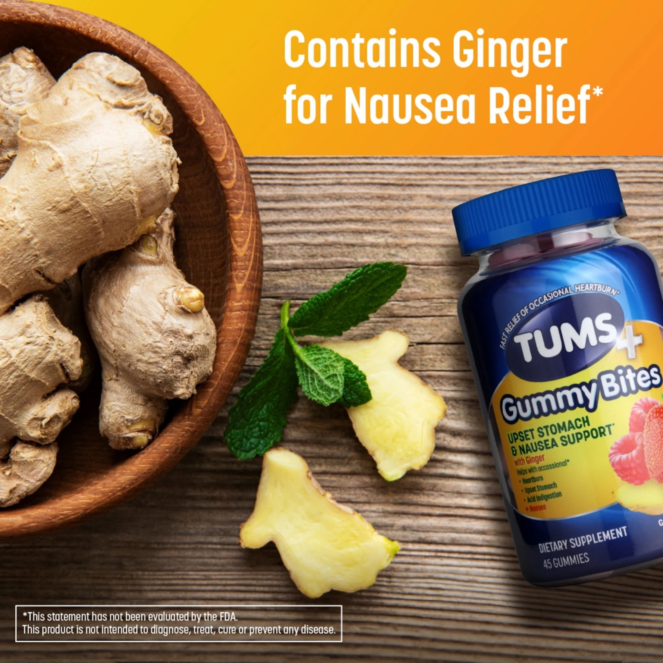 Tums Gummy Bites, Upset Stomach & Nausea Support, Ginger Berry