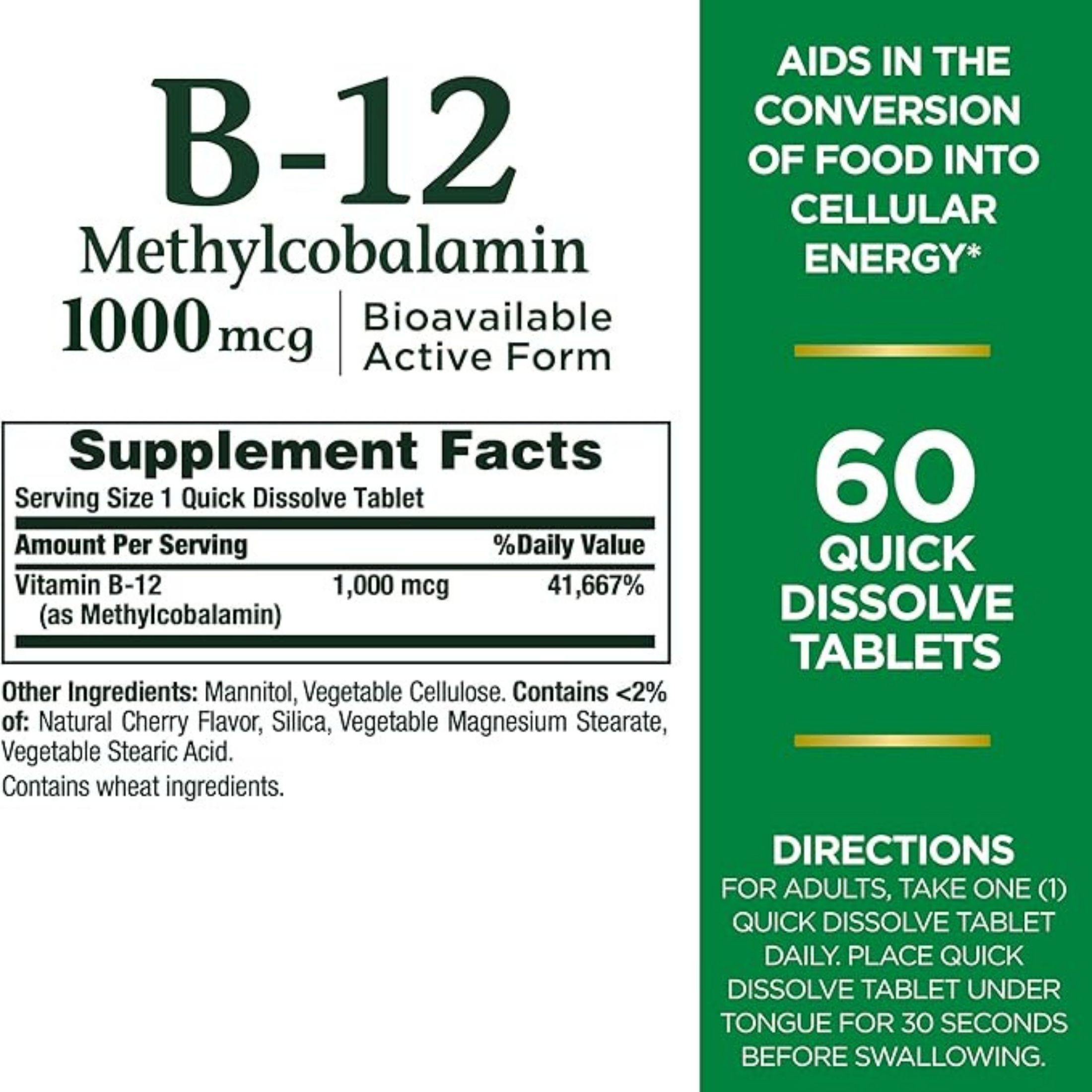 Nature's Bounty Vitamin B-12 Quick Dissolve Tablets, 1000mcg, Aids In The Conversion Of Food Into Cellular Energy, Cherry Flavor, 60ct