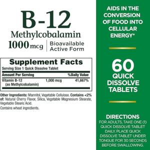 Nature's Bounty Vitamin B-12 Quick Dissolve Tablets, 1000mcg, Aids In The Conversion Of Food Into Cellular Energy, Cherry Flavor, 60ct