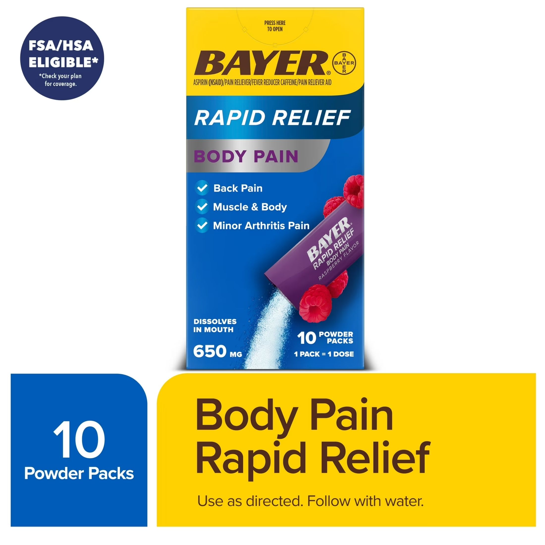 Bayer Pain Reliever, Rapid Relief, 650 Mg, Raspberry Flavor, Powder Packs
