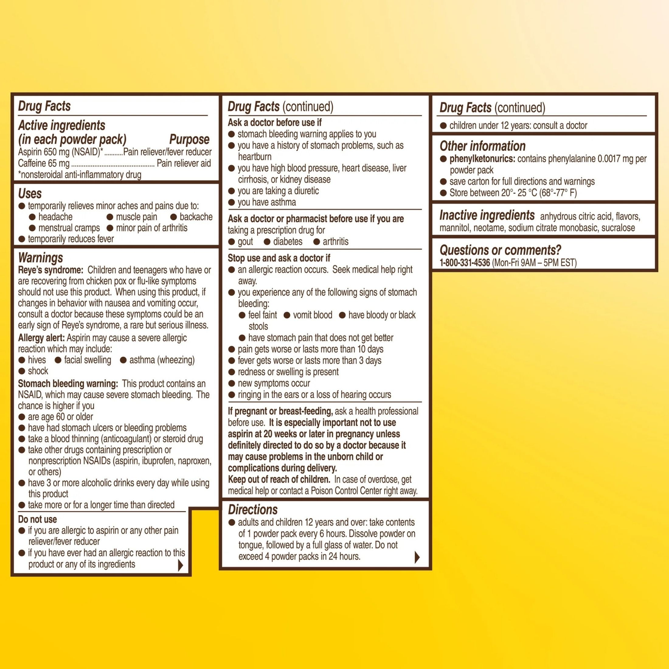 Bayer Pain Reliever, Rapid Relief, 650 Mg, Raspberry Flavor, Powder Packs