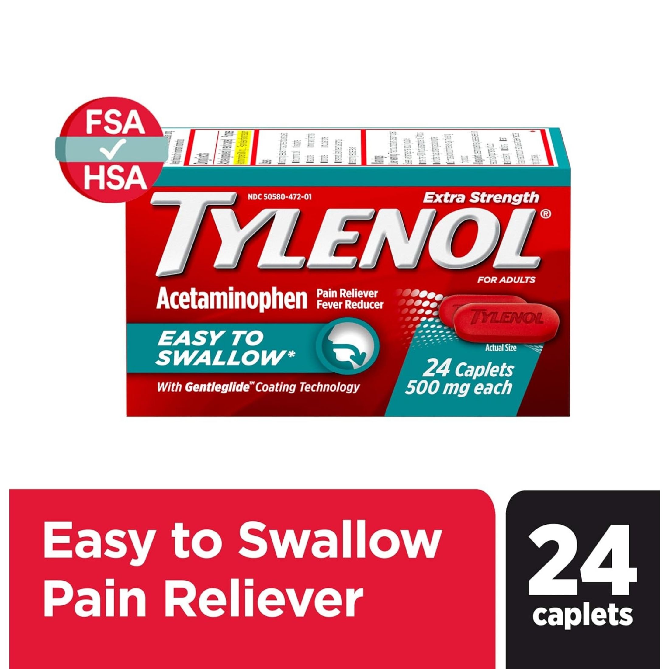 Tylenol Extra Strength Acetaminophen - Easy To Swallow Pain Reliever Caplets