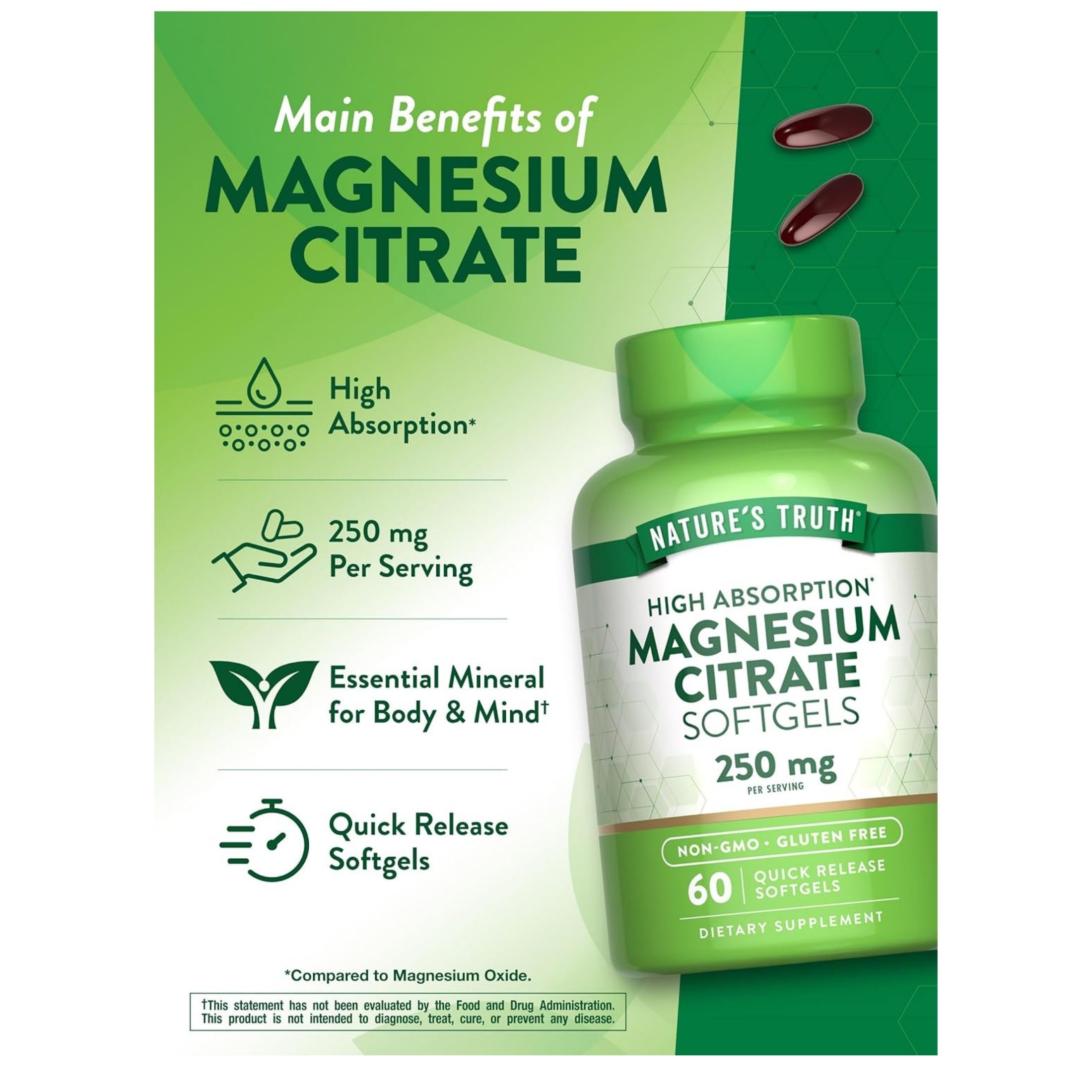 Nature's Truth Magnesium Citrate, High Absorption, 250 Mg, Softgels