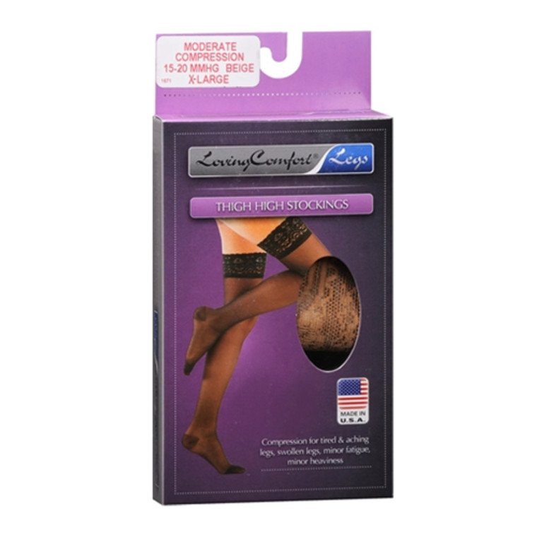 Loving Comfort Legs Thigh High Stockings Moderate Compression X-Large Beige 1 Pr