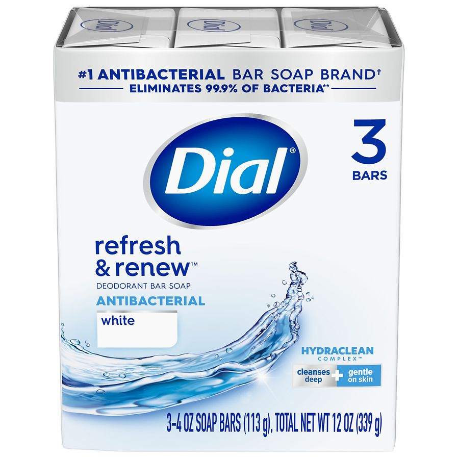 Dial Bar Soap, Deodorant, Refresh & Renew, Antibacterial, White