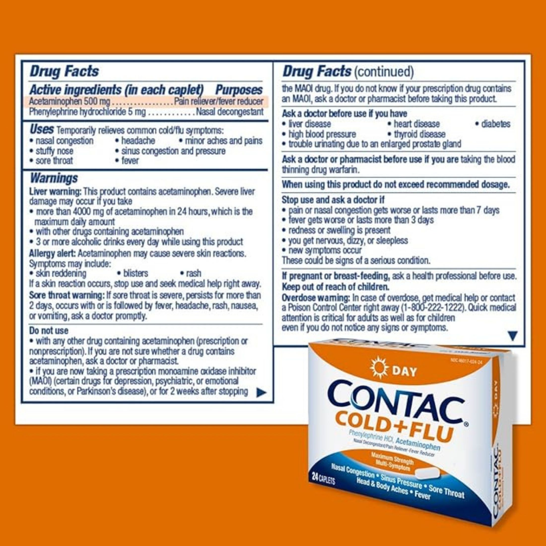 Contac Cold + Flu, Day, Multi Symptom, Maximum Strength, Caplets