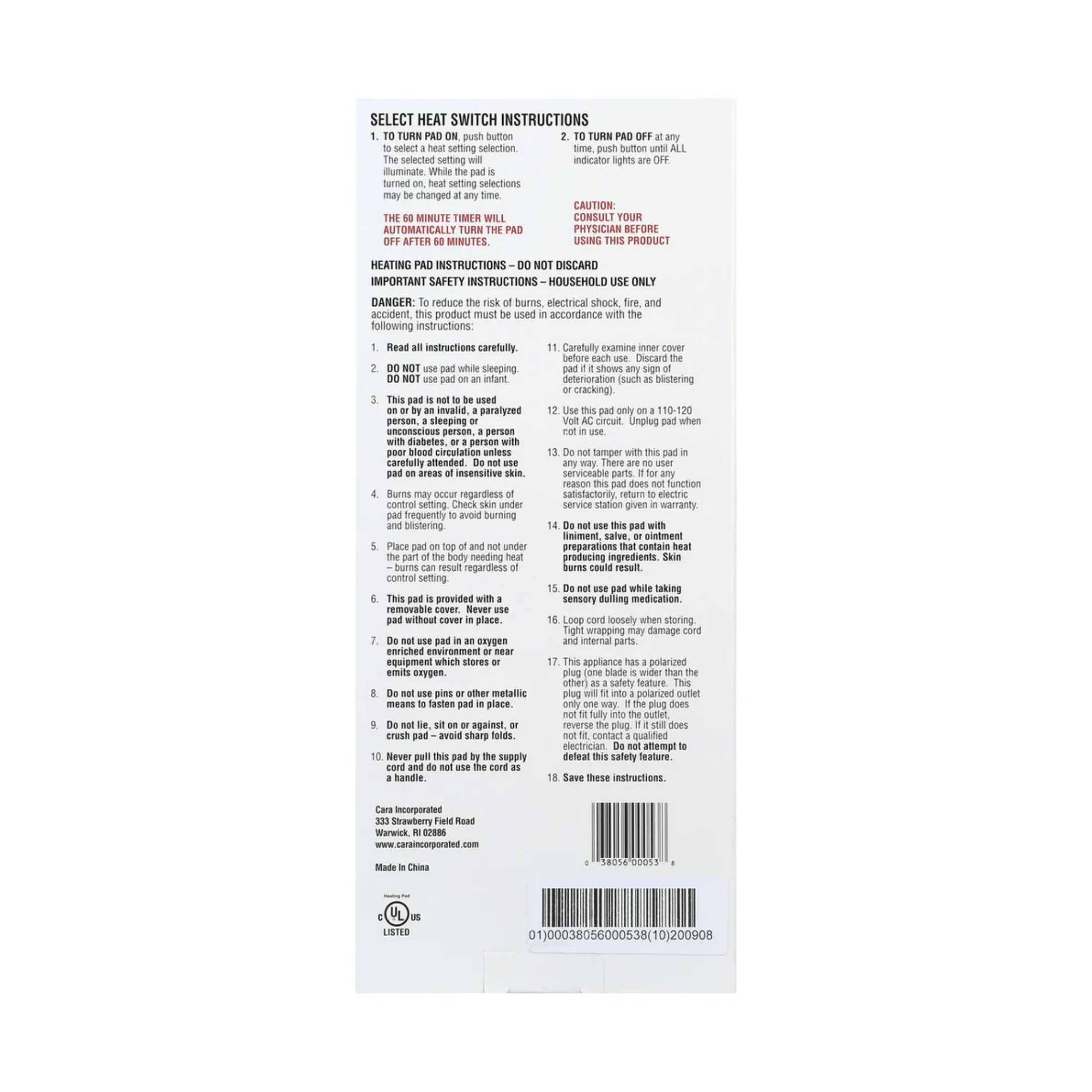 Cara Heating Pad Slide Switch Moist/Dry King Size Deluxe