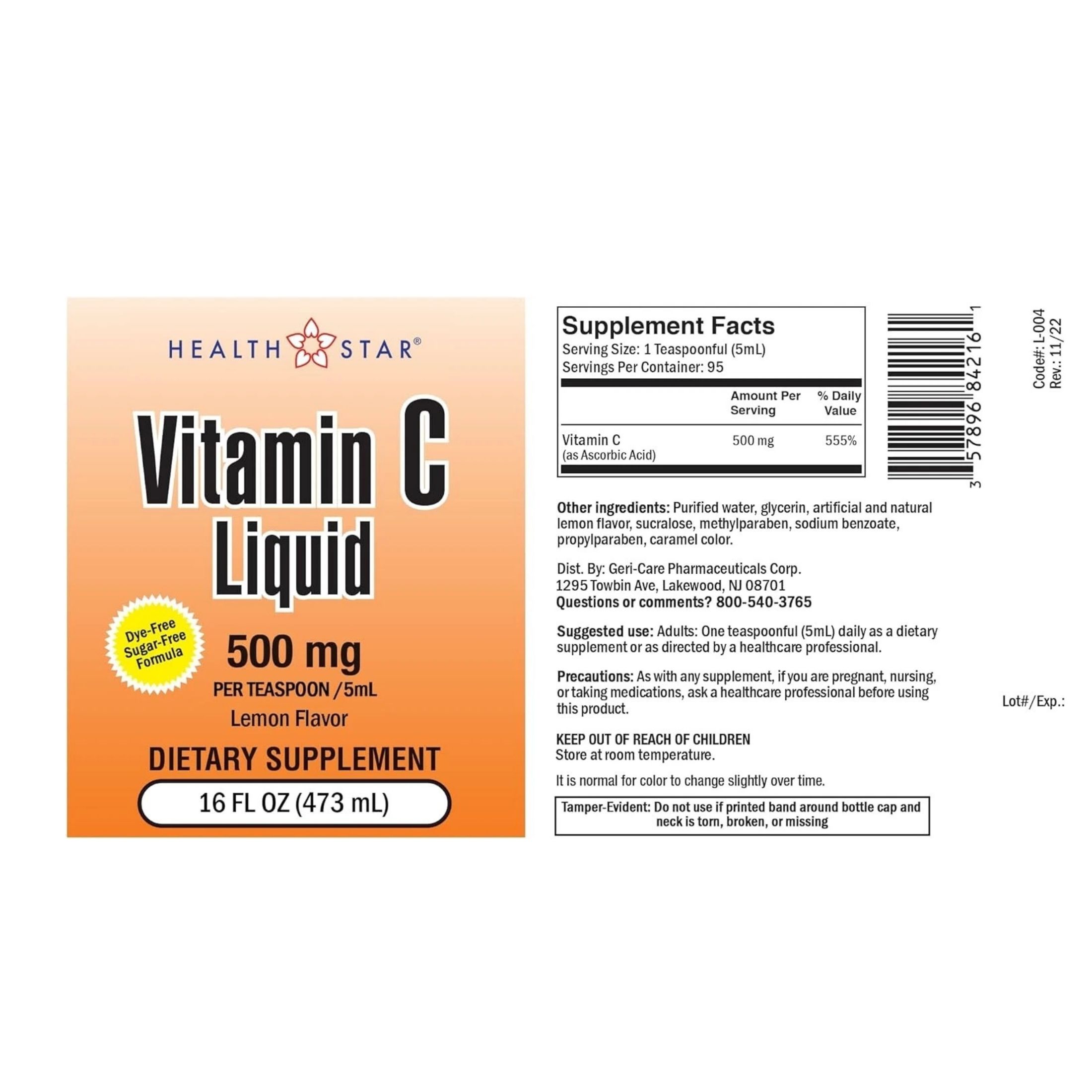 GeriCare Vitamin C Liquid 500 Mg Tasty Orange Flavor