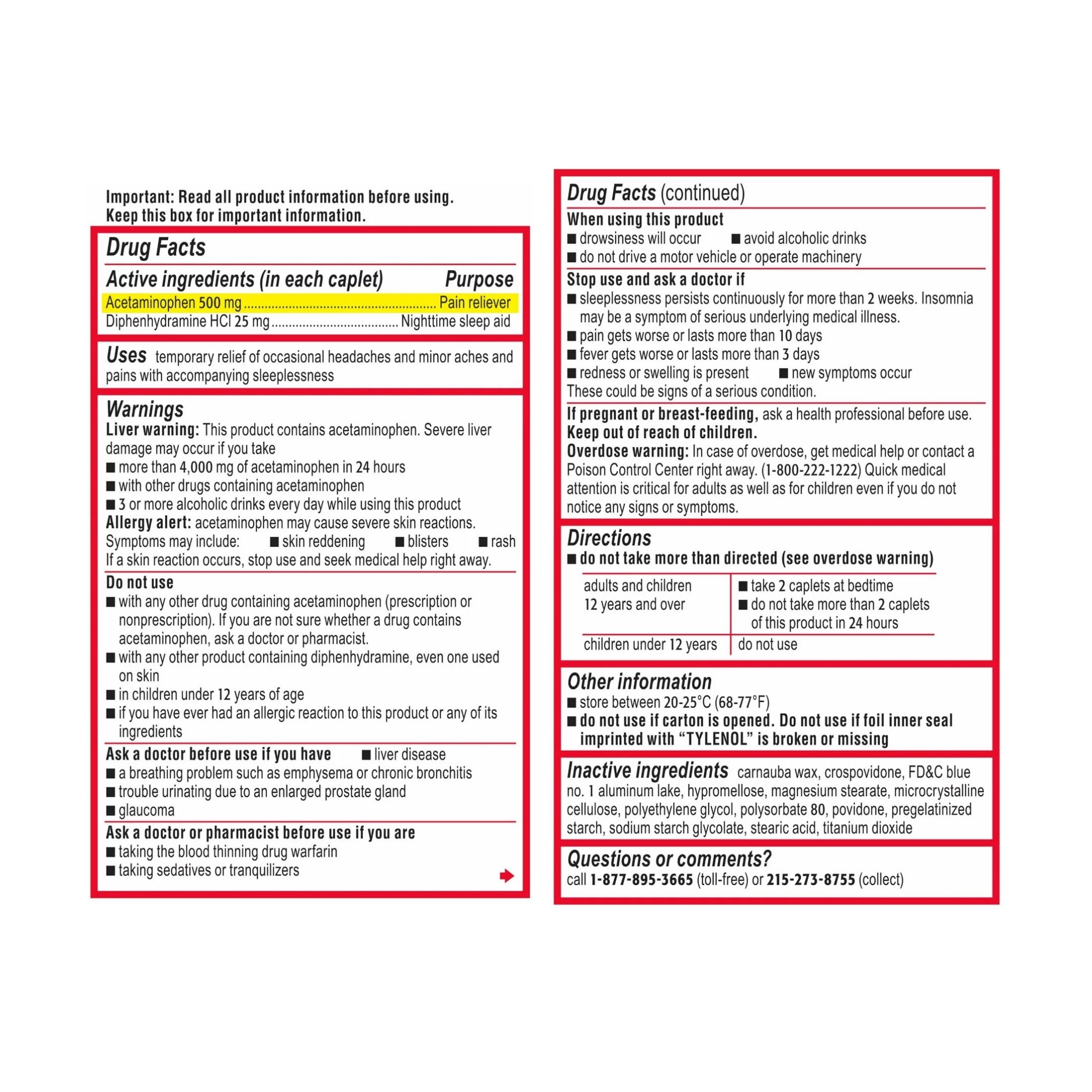 Tylenol PM Extra Strength Pain Reliever & Sleep Aid Caplets, 500 Mg Acetaminophen