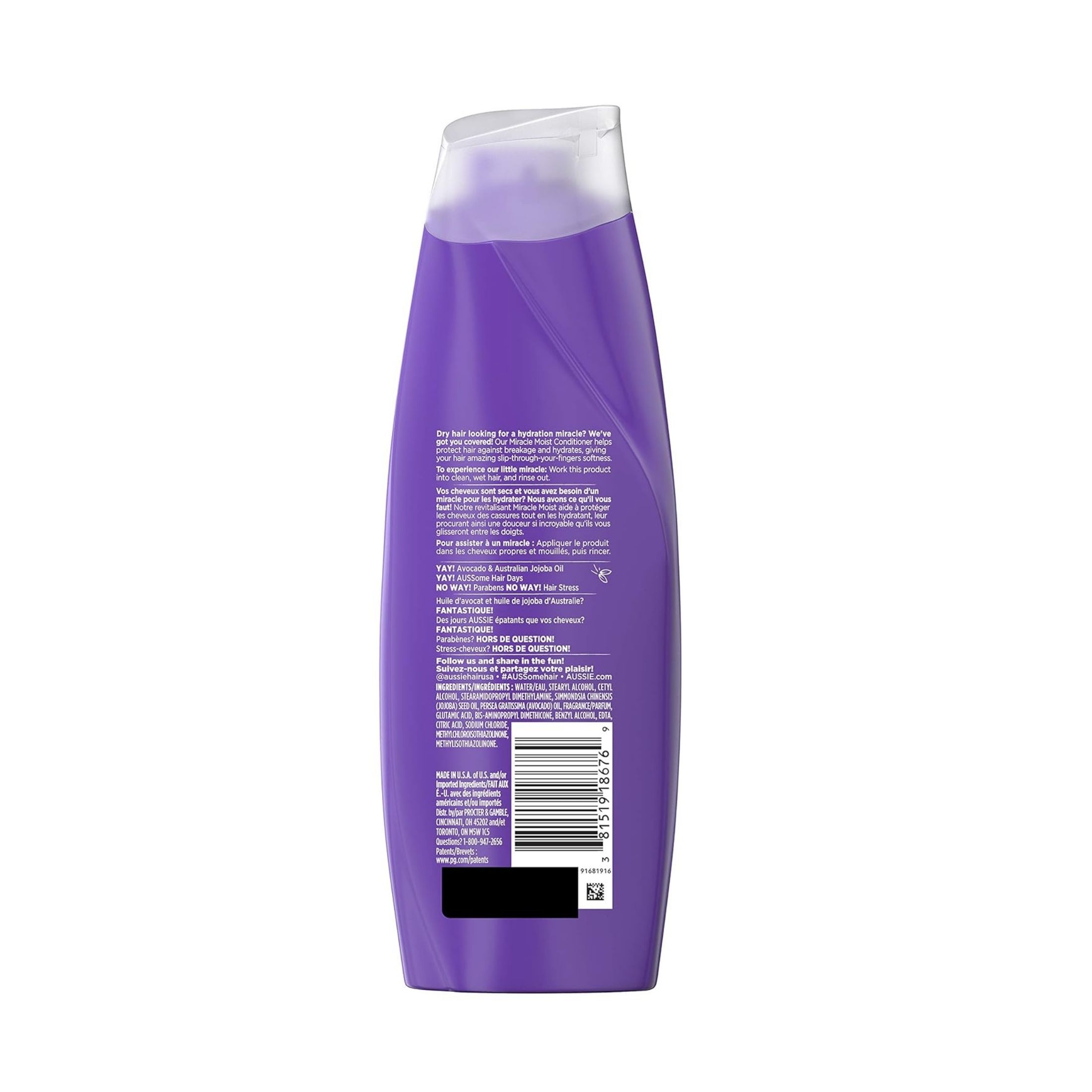 Aussie Paraben-Free Miracle Moist Conditioner W/ Avocado & Jojoba Oil For Dry Hair, 12.1 Fl Oz