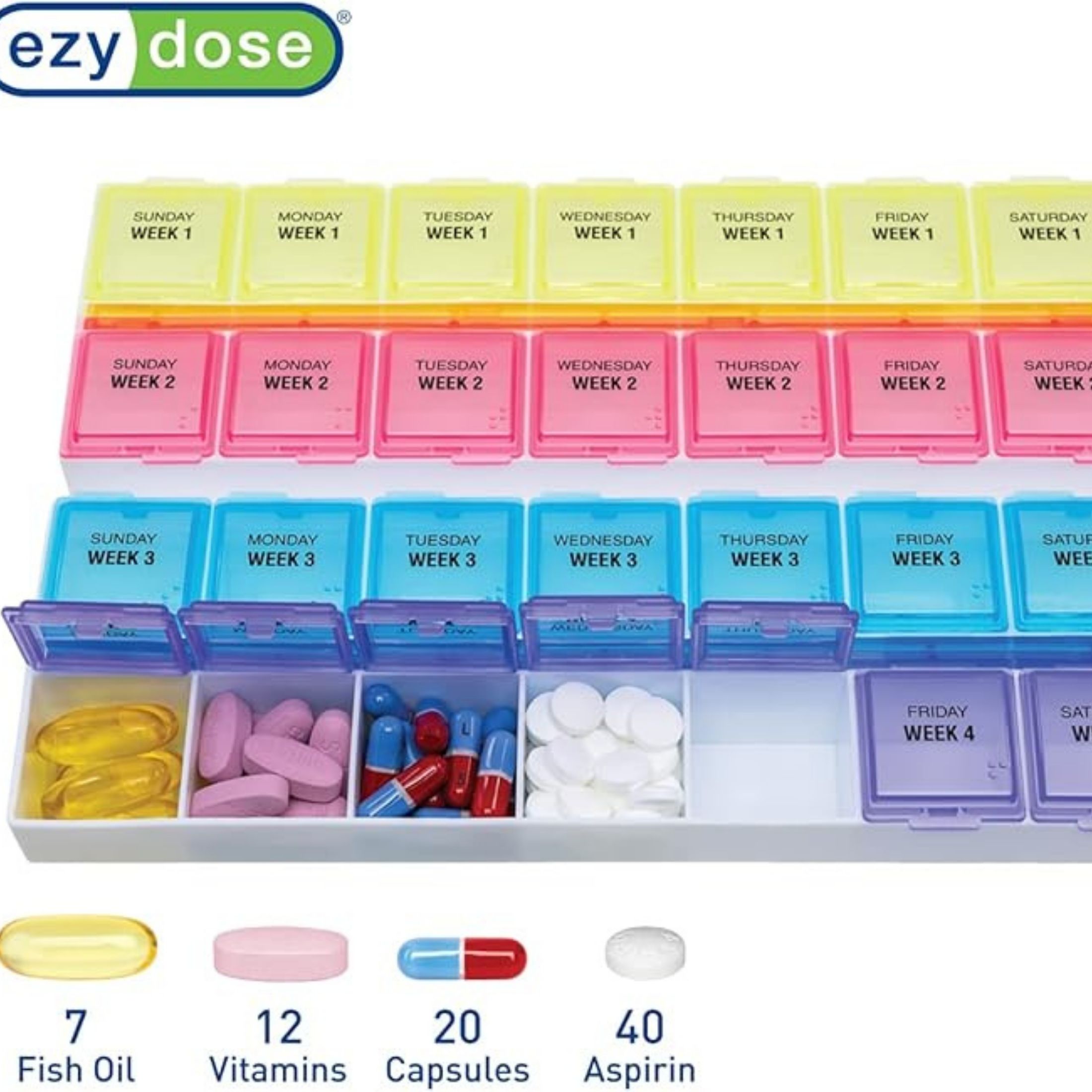 Ezy Dose Monthly Pill Planner (28-Day) Daily Compartments To Store Medication (Large)