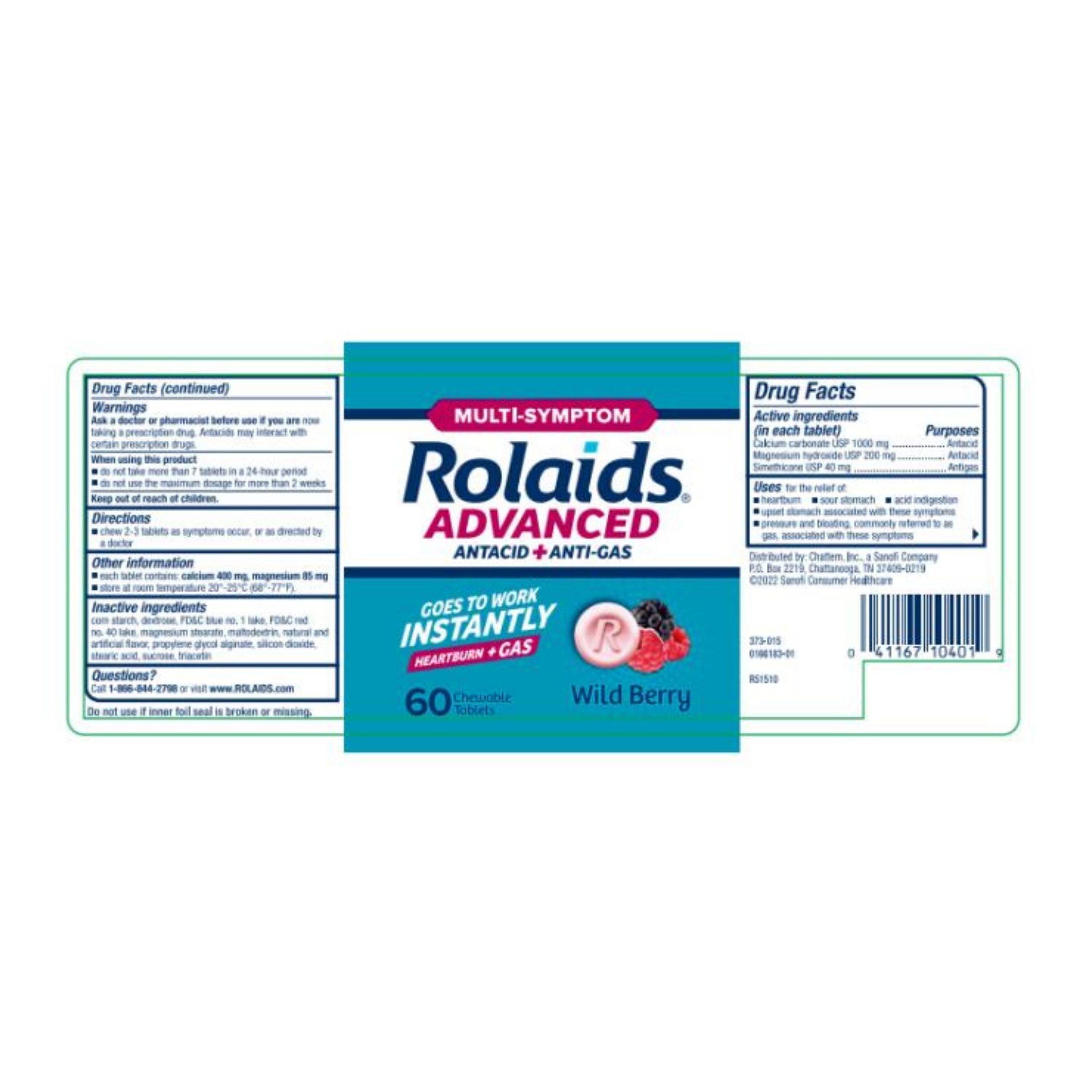 Rolaids Advanced Assorted Berries Multi Symptom Antacid Plus Anti Gas 60 Chewable Tablets