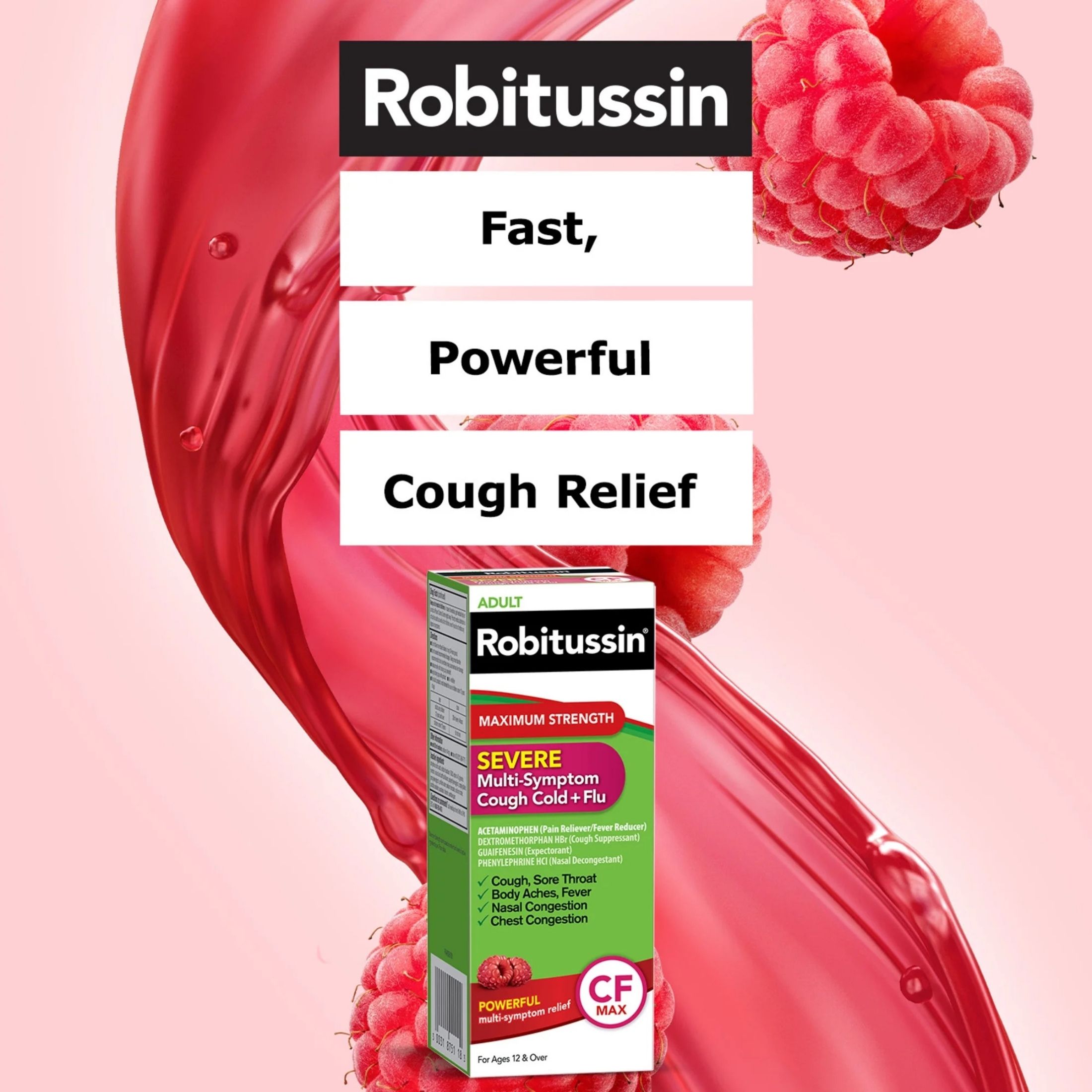Robitussin Adult Maximum Strength Severe Multi Symptom Cough (4 Fl. Oz. Bottle), Cold + Flu Cf Max, Non Drowsy, Raspberry Mint Flavor
