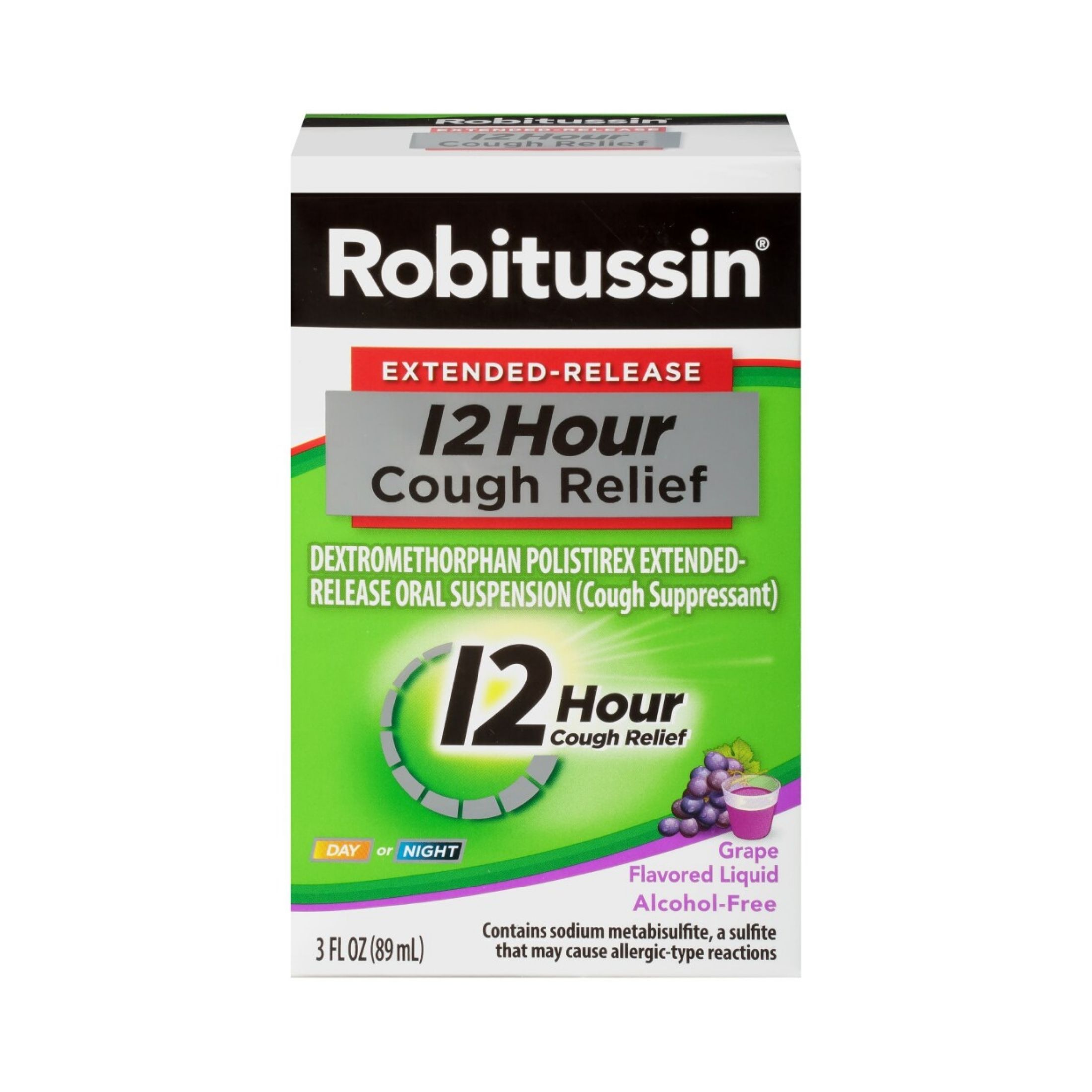 Robitussin Extended-Release 12 Hour Alcohol-Free Cough Relief Suppressant, Grape, 3 Fl Oz