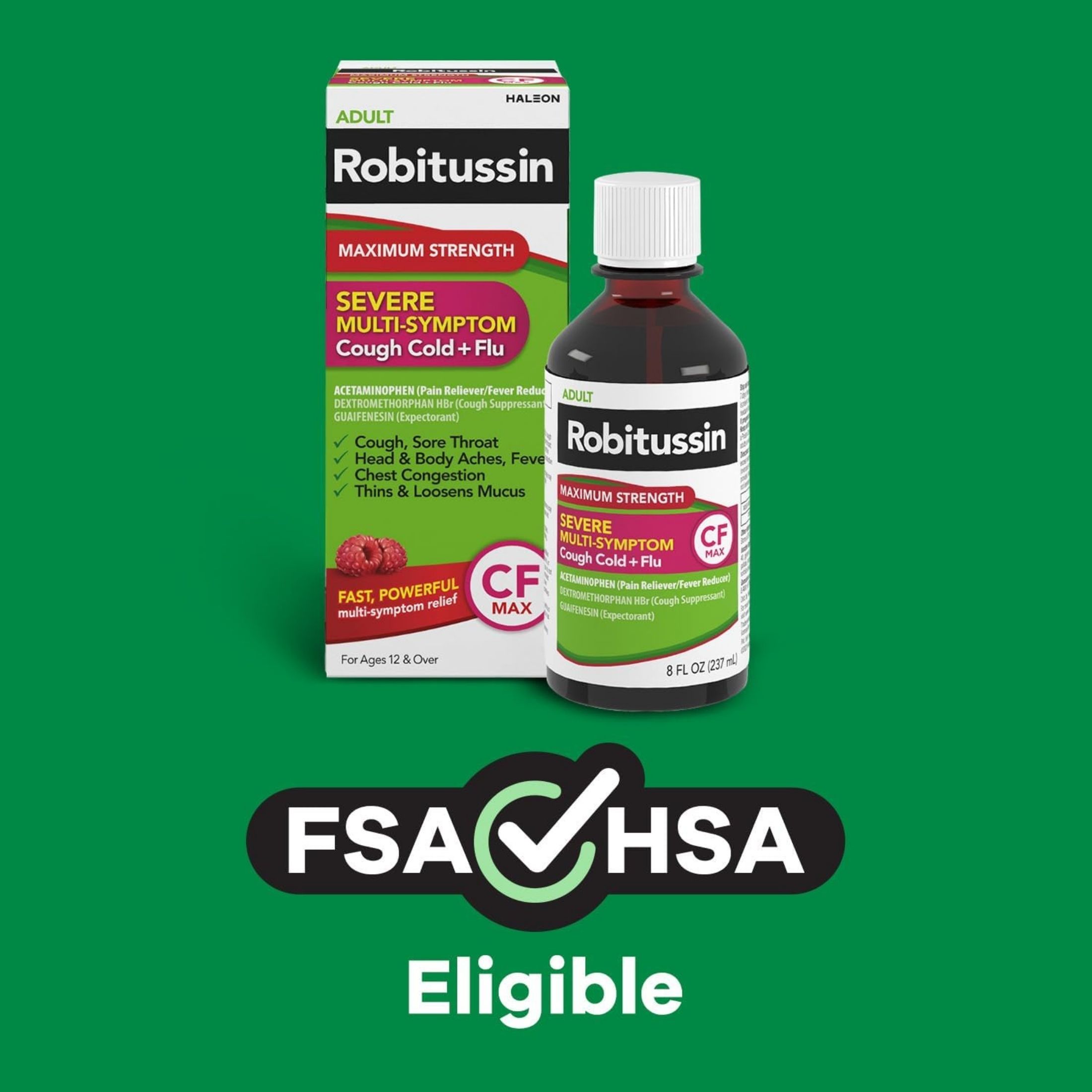 Robitussin Maximum Strength Severe Multi-Symptom Cough Cold + Flu Nighttime Raspberry 4 Fl Oz