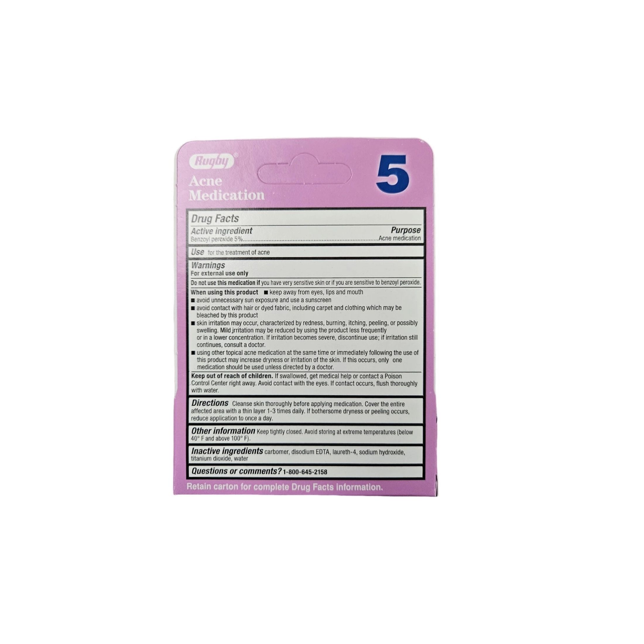 Rugby Benzoyl Peroxide 5% Acne Medication Lotion 1 Oz