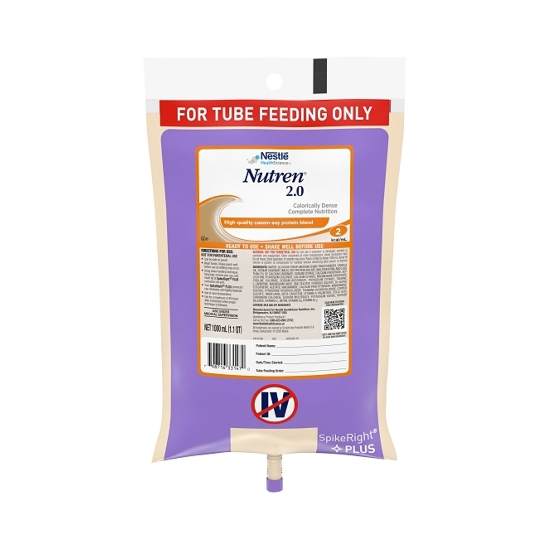 Nestle Tube Feeding Formula Nutren 2.0 Unflavored 1000 mL, 6EA/CS
