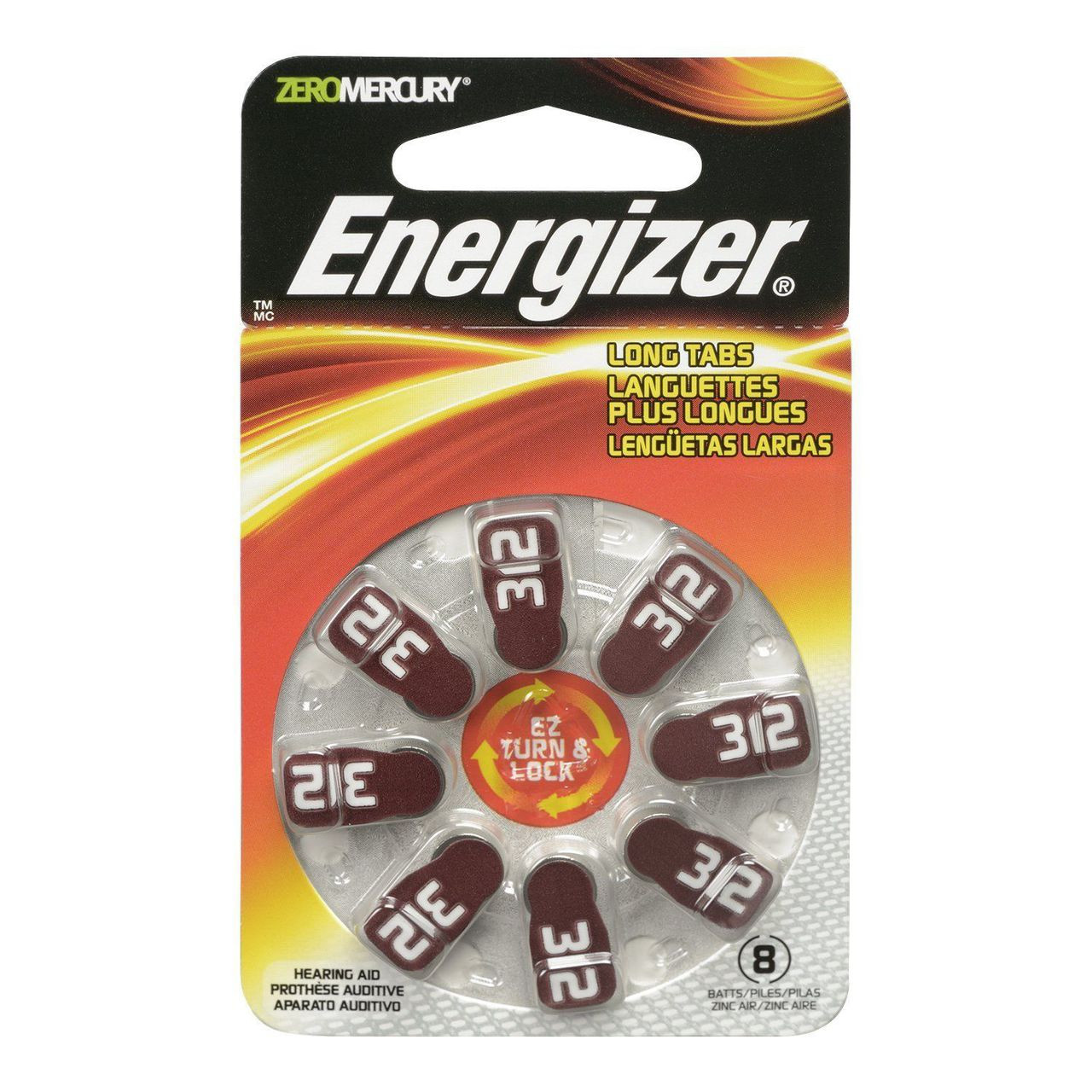 Energizer EZ Turn & Lock + Power Seal Zinc Air Hearing Aid Batteries, 1.4V, Mercury-free, Size 312
