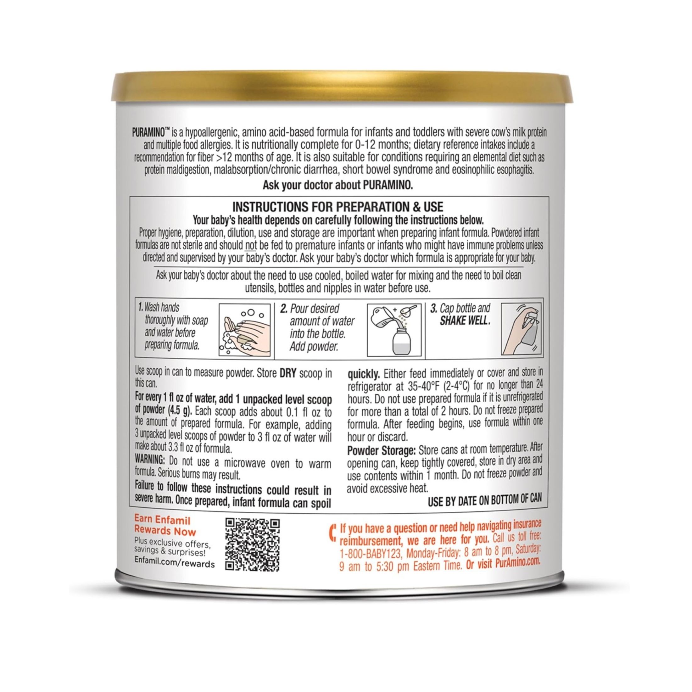 Puramino Infant Formula, Hypoallergenic, 0-24 Months 14.1 Oz