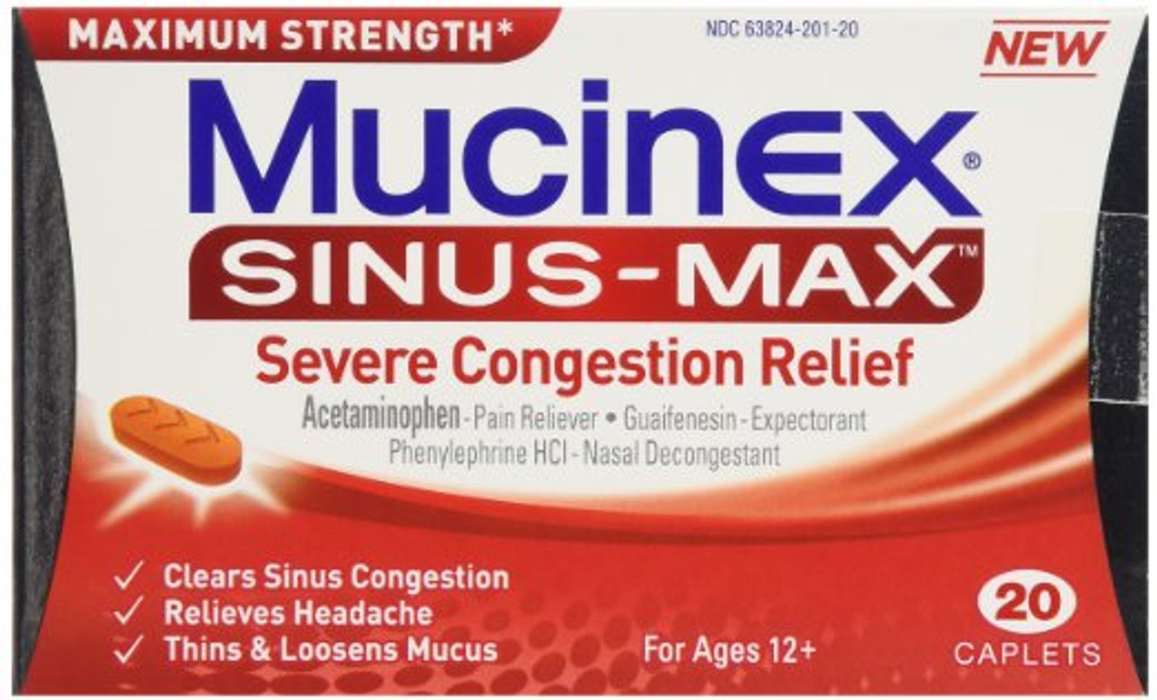 Mucinex Maximum Strength Sinus-Max Severe Congestion & Pain, Sinus Symptom Relief, Pain Reliever, Expectorant And Nasal Decongestant, 20 Caplets