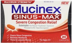 Mucinex Maximum Strength Sinus-Max Severe Congestion & Pain, Sinus Symptom Relief, Pain Reliever, Expectorant And Nasal Decongestant, 20 Caplets