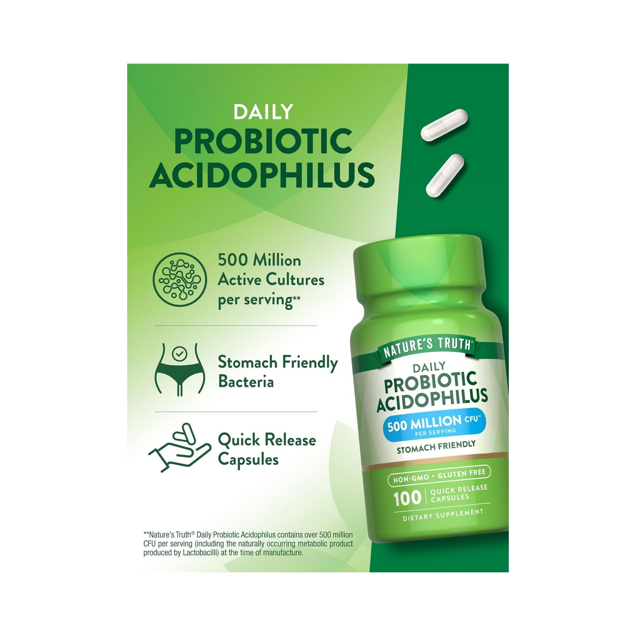 Nature's Truth Probiotic Acidophilus 500 Million CFU Quick Release Capsules 100ct