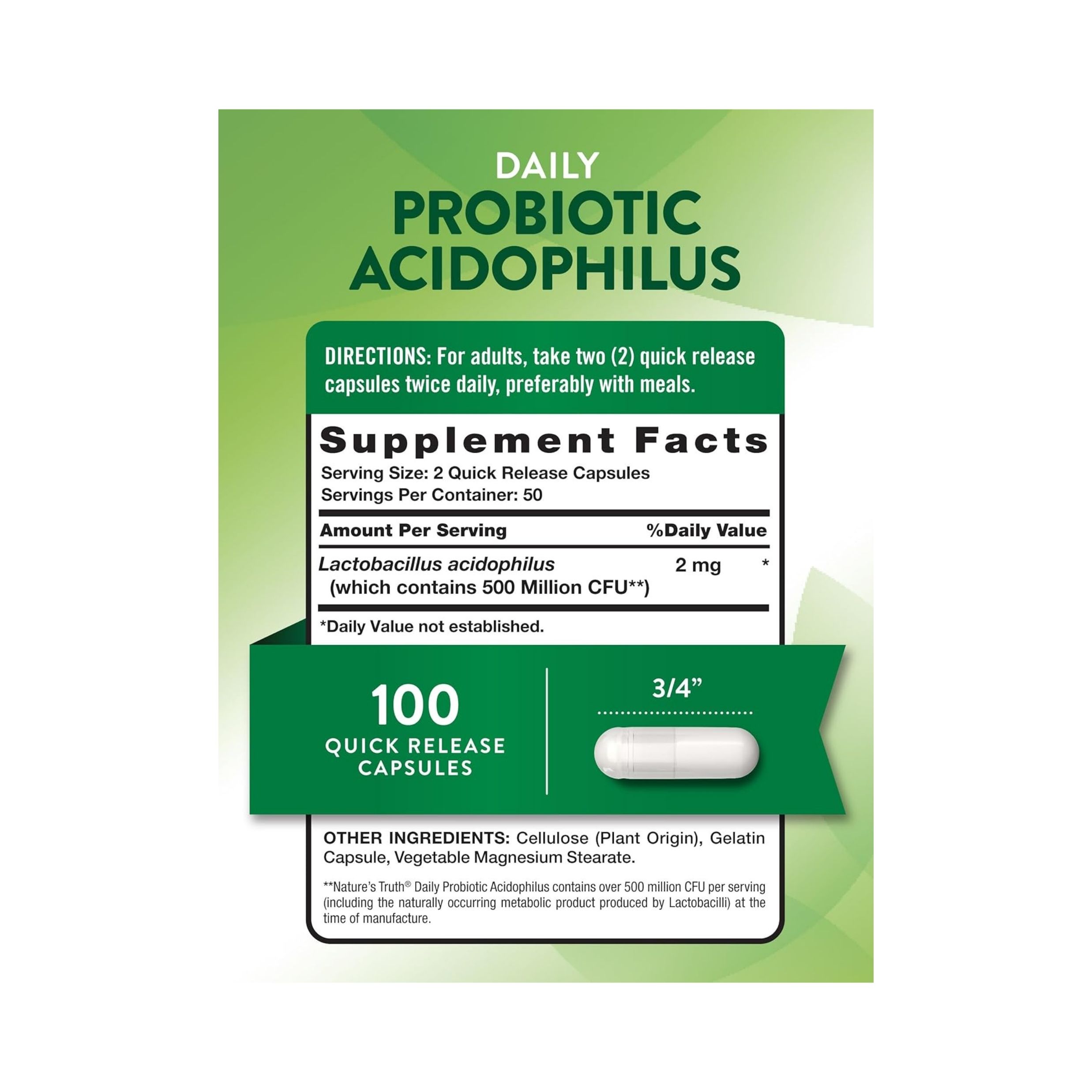 Nature's Truth Probiotic Acidophilus 500 Million CFU Quick Release Capsules 100ct