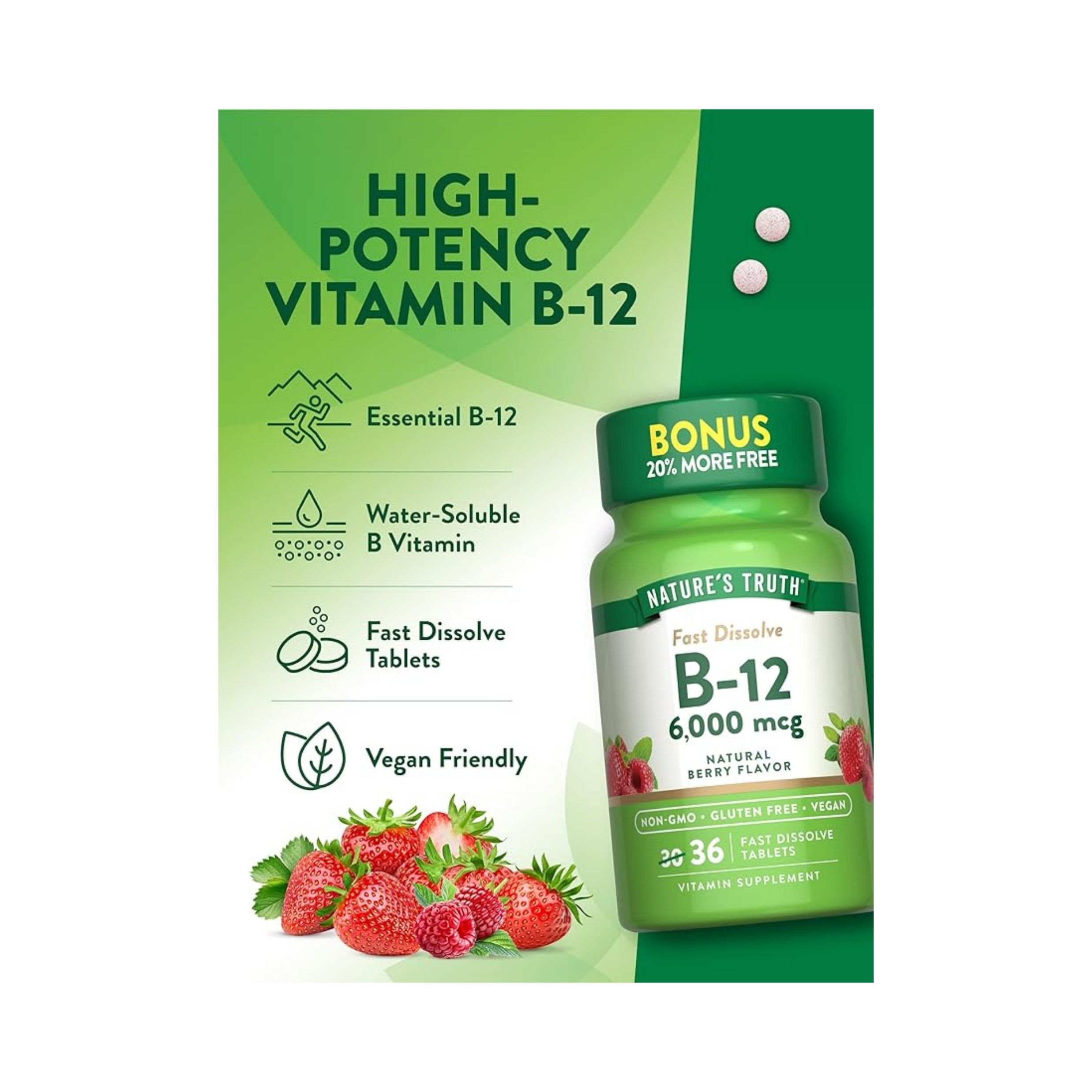 Nature's Truth Vitamin B-12 6000 Mcg, Fast Dissolve Tabs, Natural Berry Flavor