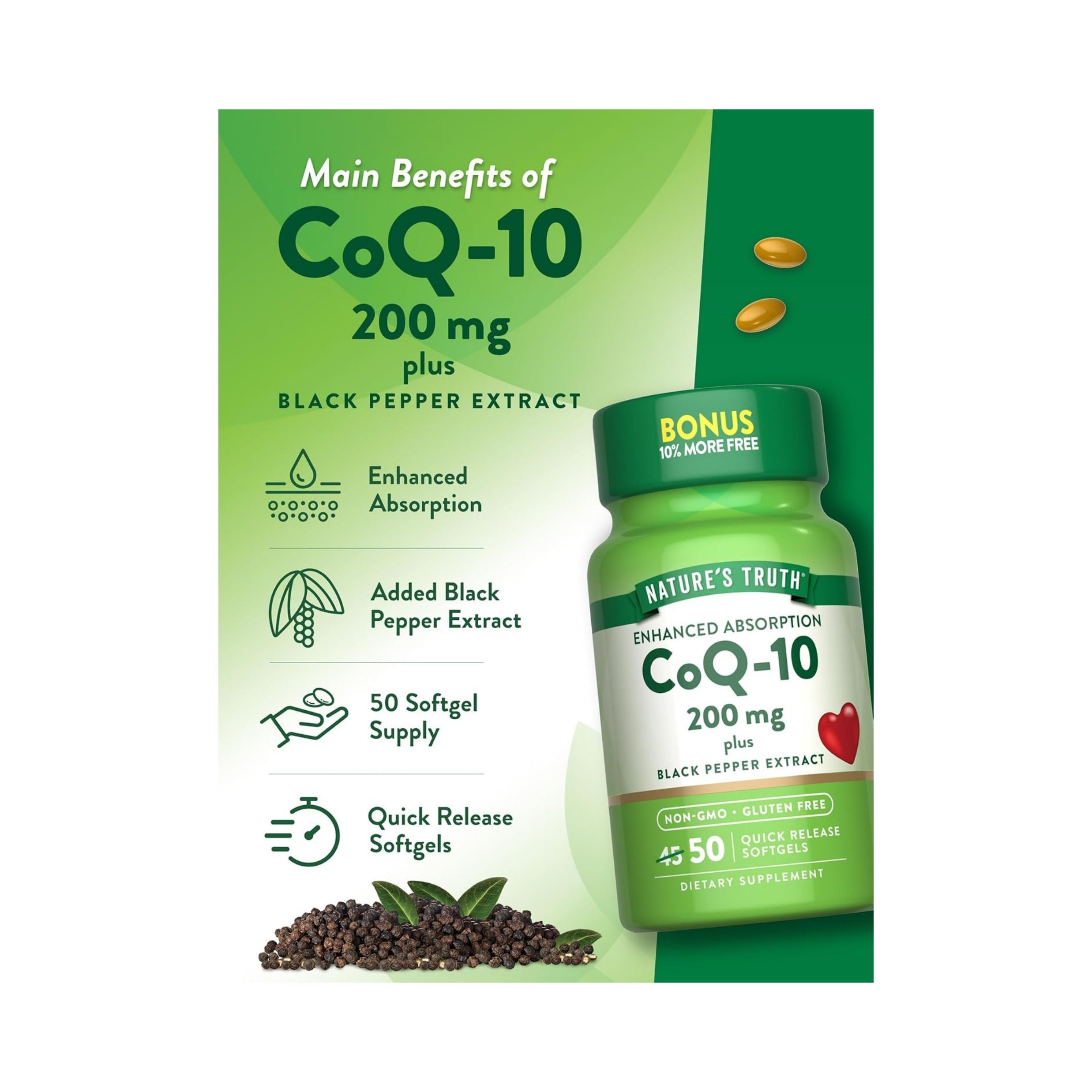 Nature's Truth Enhanced Absorption CoQ-10 200 Mg Plus Black Pepper Extract