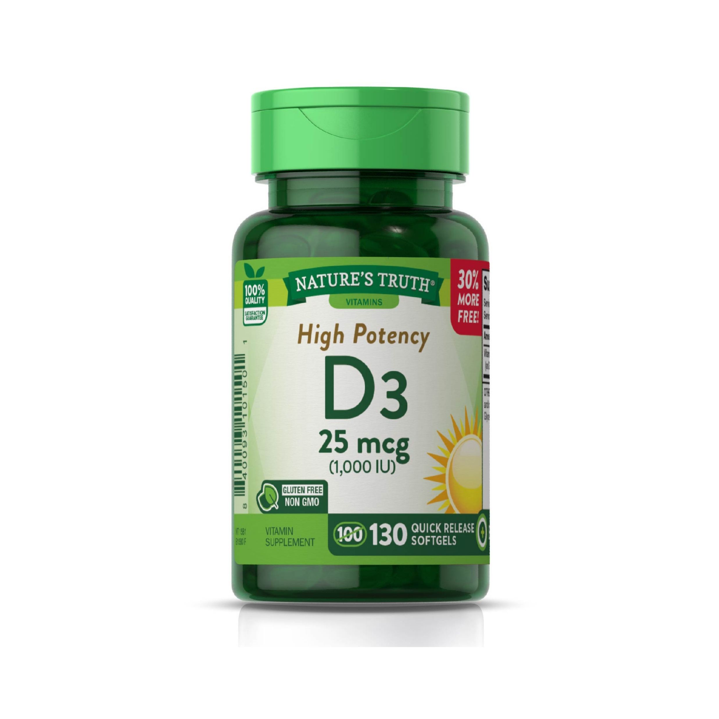 Nature's Truth Vitamin D3, High Potency, 25 Mcg, Quick Release Softgels