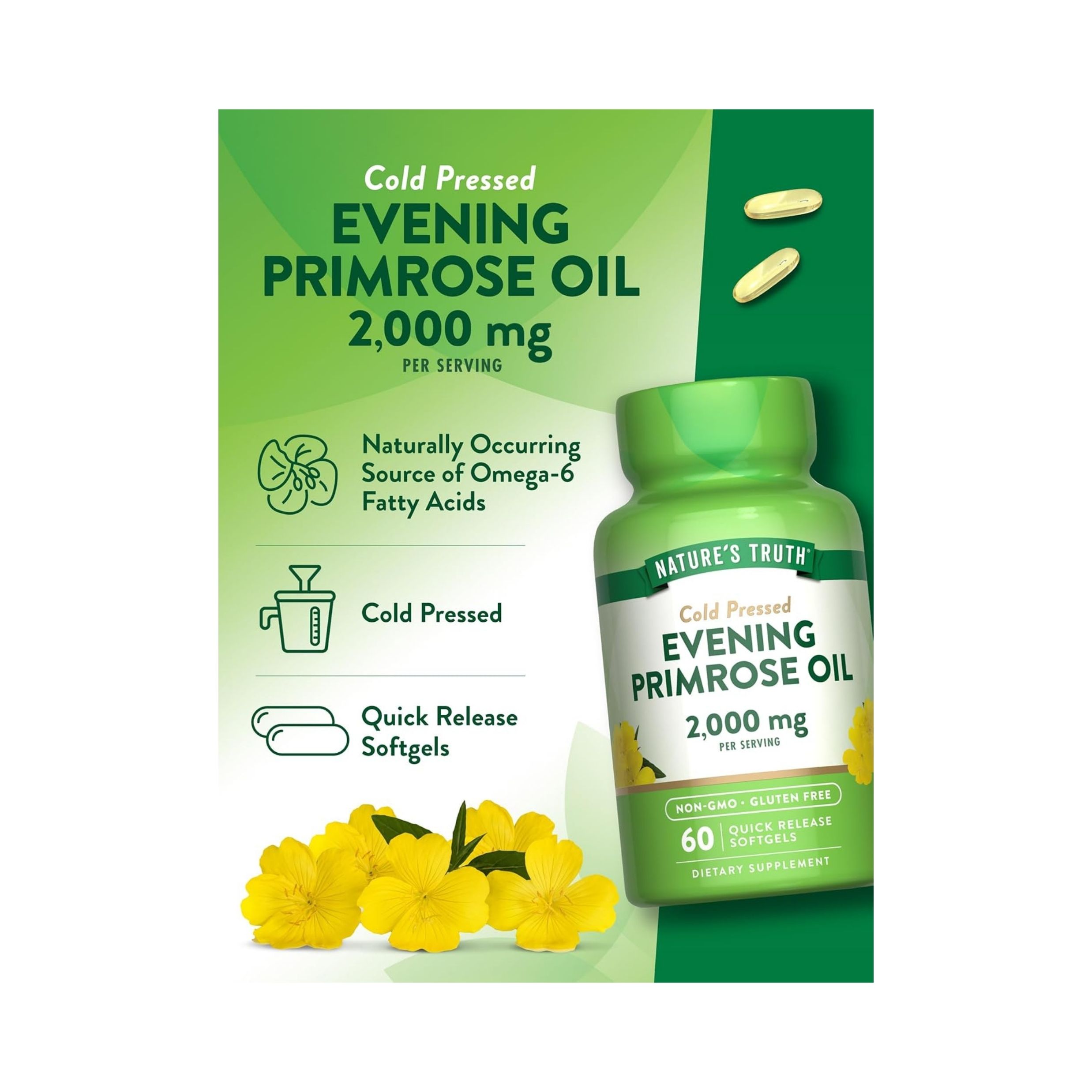 Nature's Truth Evening Primrose Oil 2,000mg Cold Pressed Quick Release Softgels 60ct
