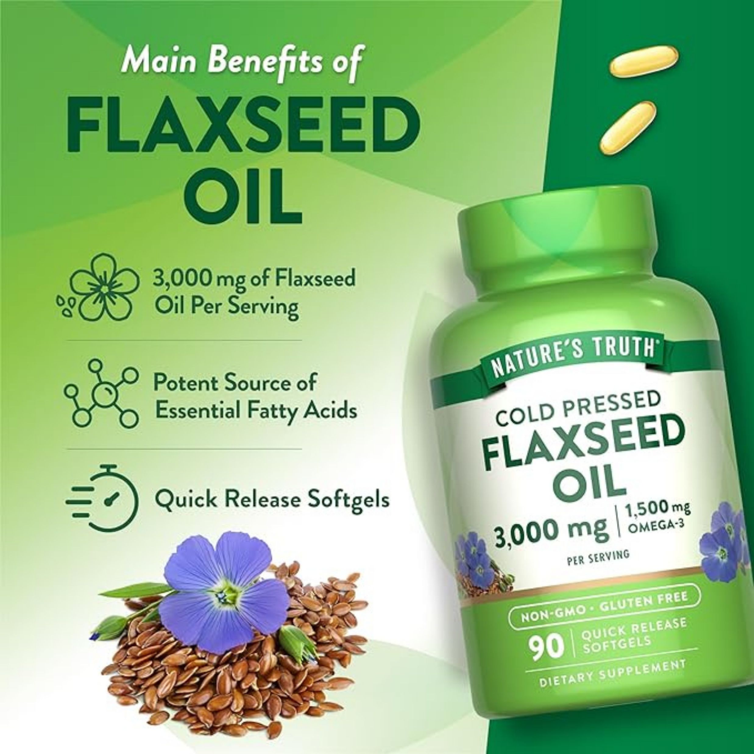 Nature's Truth Flaxseed Oil, Cold Pressed, 1000 Mg, Quick Release Softgels