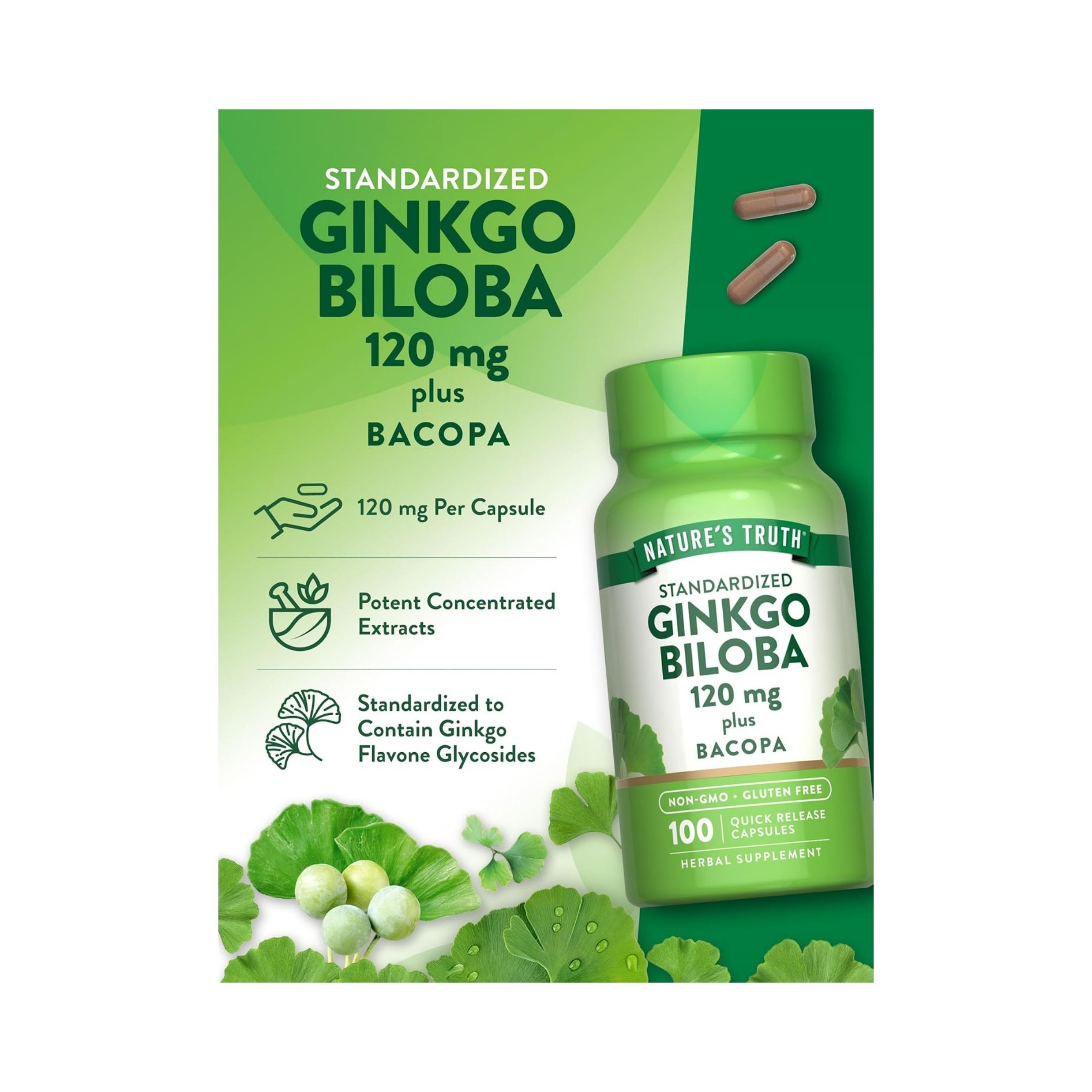Nature's Truth Standardized Extract Ginkgo Biloba Plus Dietary Supplement Quick Release Capsules - 100ct