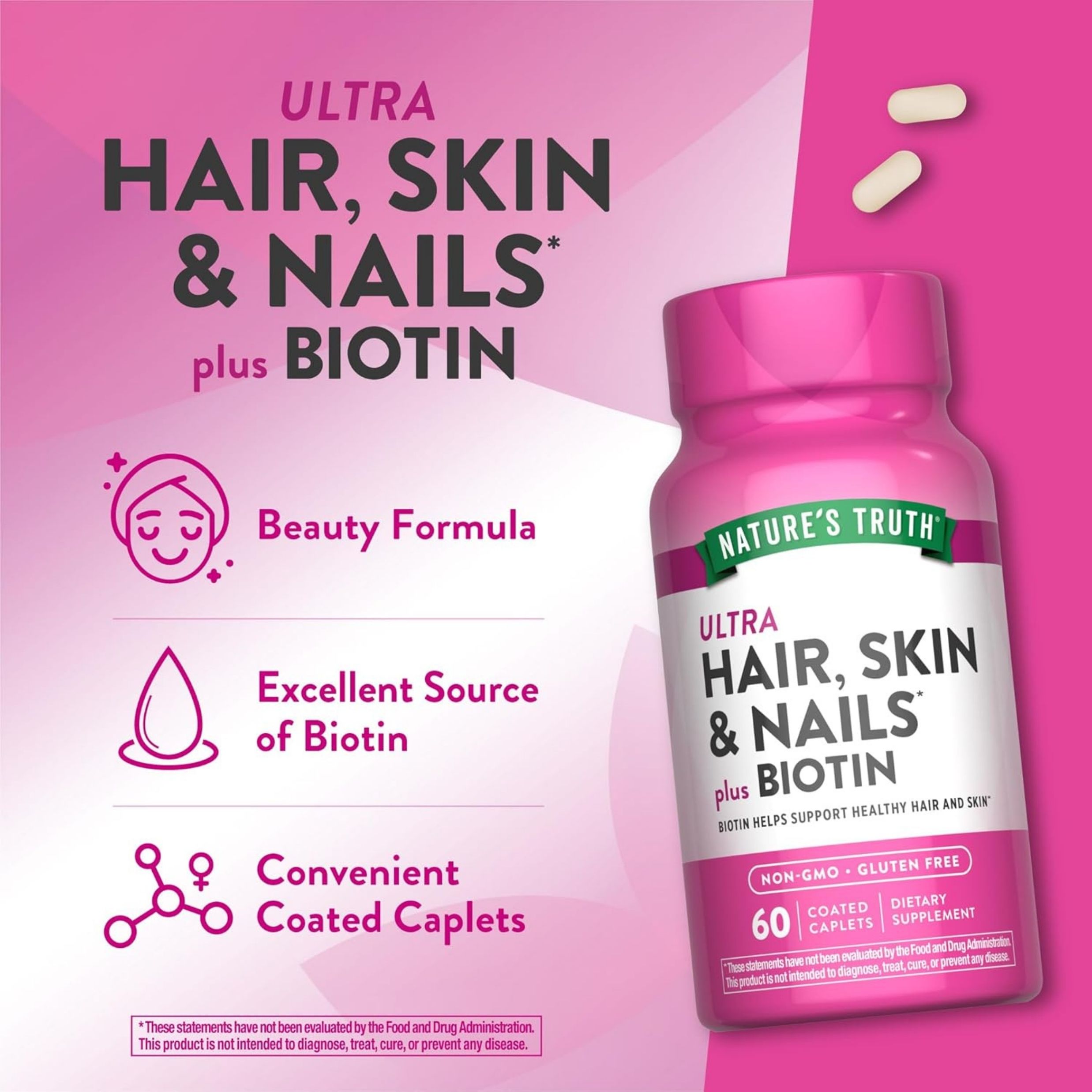 Nature's Truth Ultra Hair, Skin & Nails Plus Biotin, 60 Coated Caplets