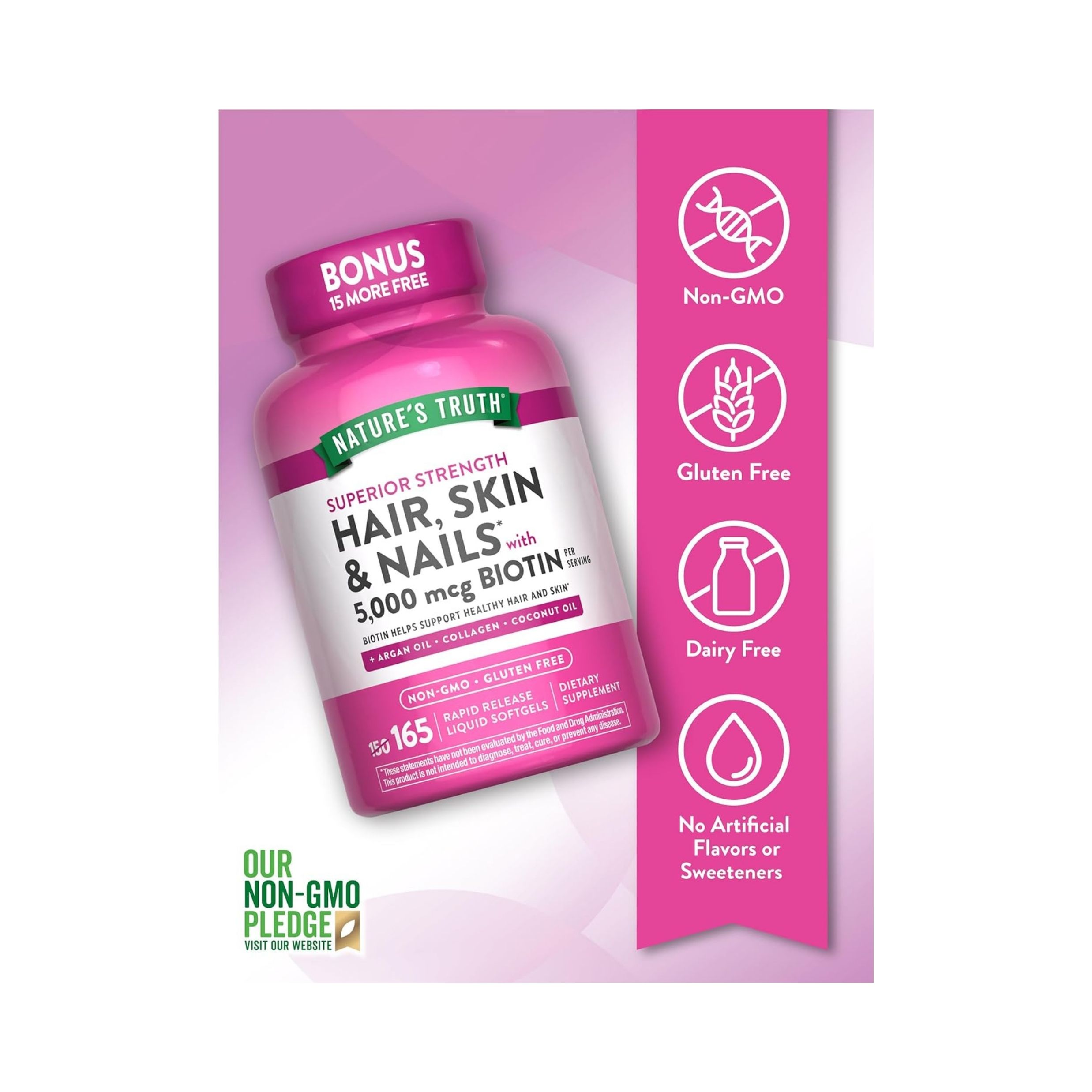 Nature's Truth Superior Strength Hair, Skin & Nails With 5000 Mcg Biotin Liquid Softgels
